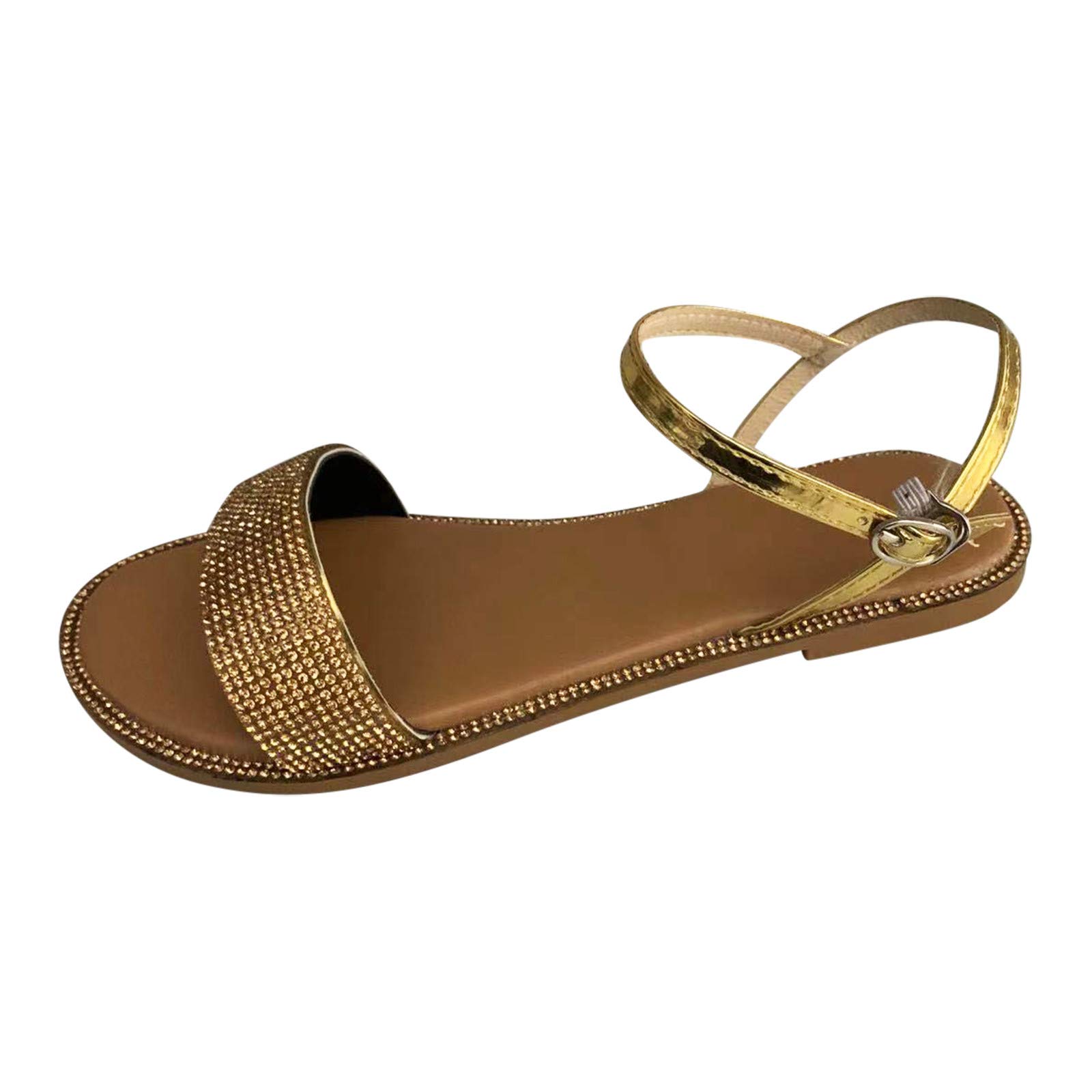 Women's Crystal Toe Flat Sandals with Buckle Strap - Comfortable Summer Slides for Casual Wear, Outdoor Walking & Beach Vacation - Slip-On Round Toe Sandal Shoes for Women