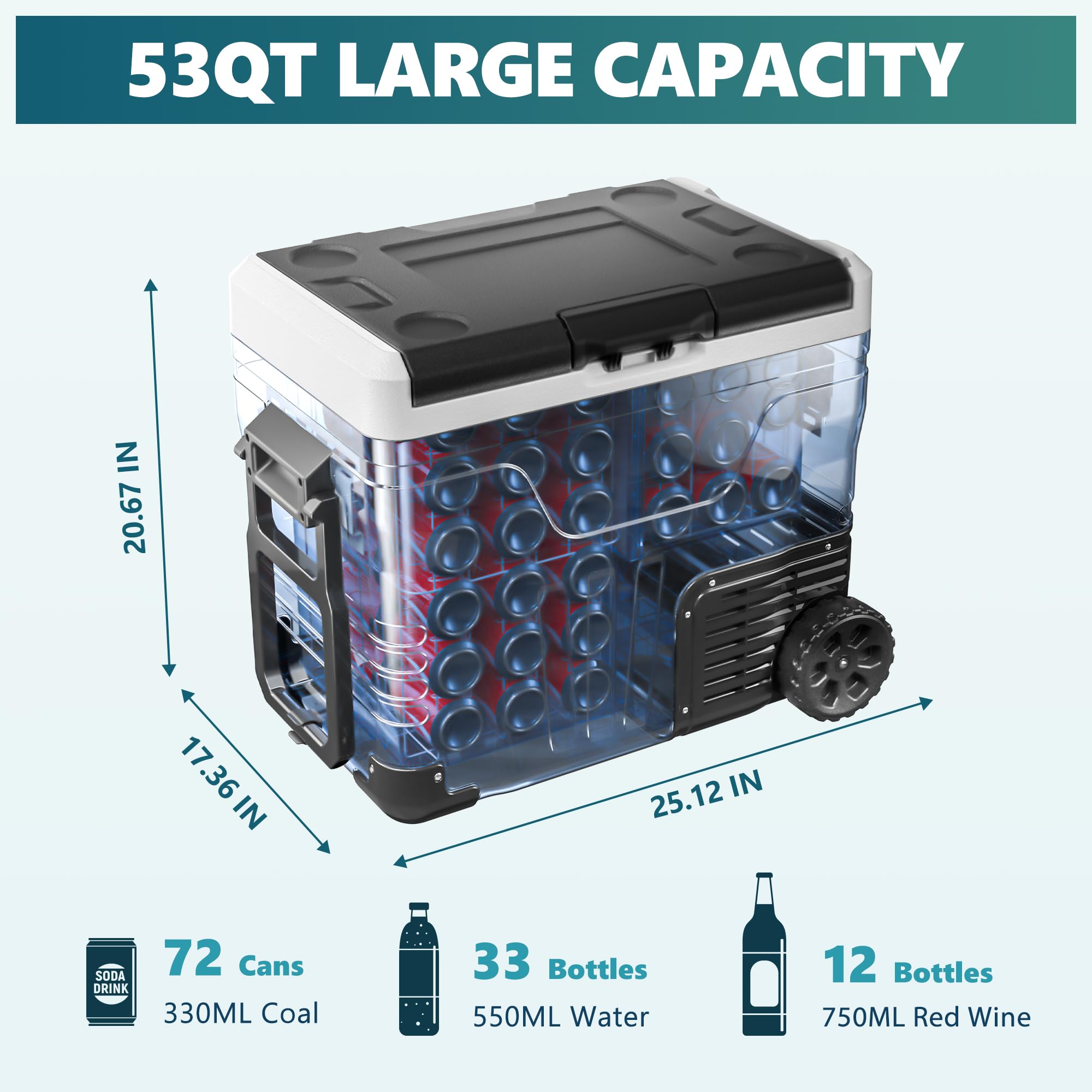EUHOMY 12V/24V DC 53QT Portable Refrigerator Freezer -4°F to 68°F, 12 Volt Electric Cooler with Wheels & 2 Baskets for Car, RV, Truck, Boat, Camping & Outdoor Adventures | AC 110-240V Compatible | Perfect for Road Trips, Picnics & Tailgating