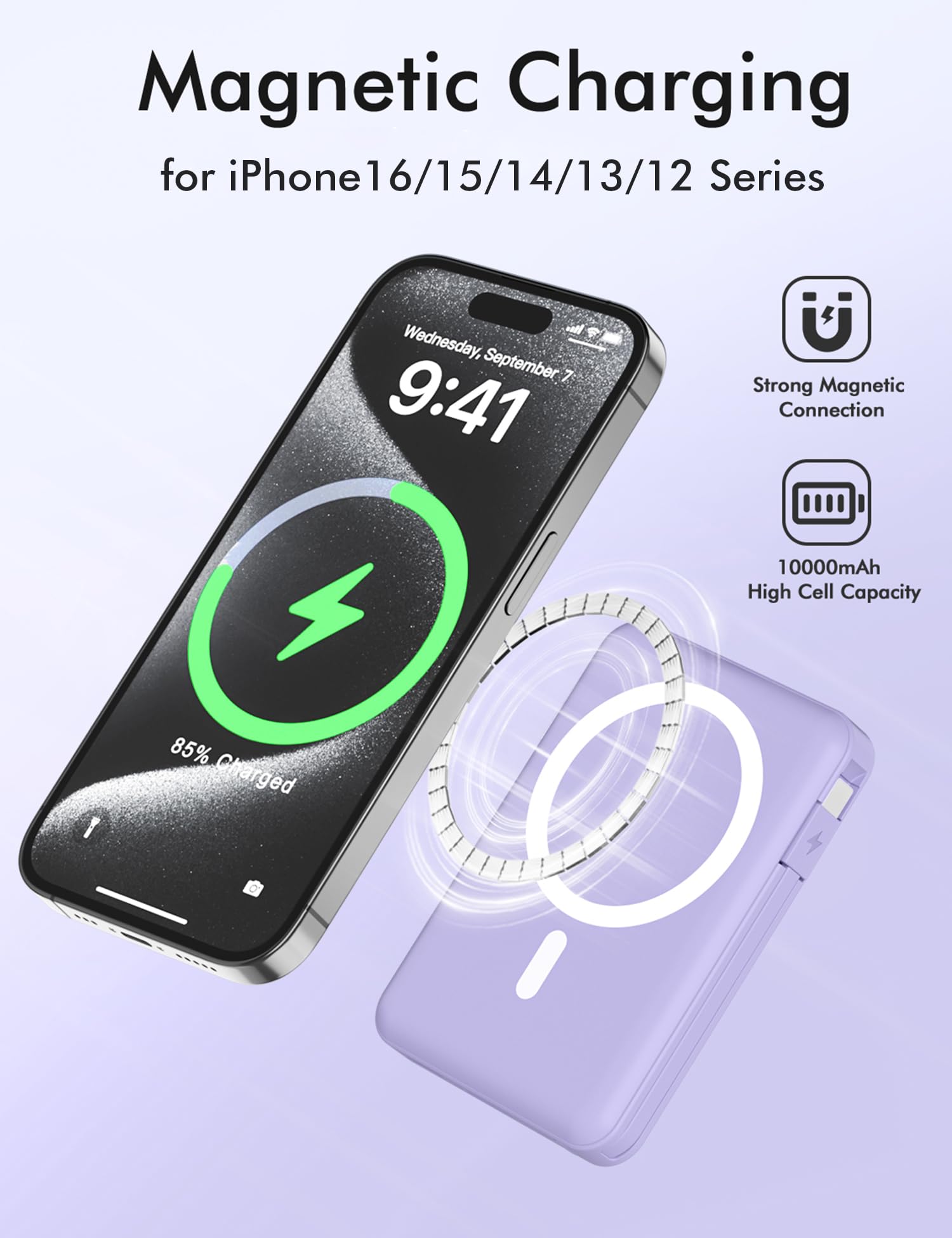 10000mAh Magsafe Magnetic Power Bank with Built-in USB-C & Lightning Cables | 22.5W PD Fast Charging | LED Display | Wireless Portable Charger for iPhone 16/15/14/13/12/Pro/Pro Max (Purple) | Perfect for Travel, Work & Outdoor Activities