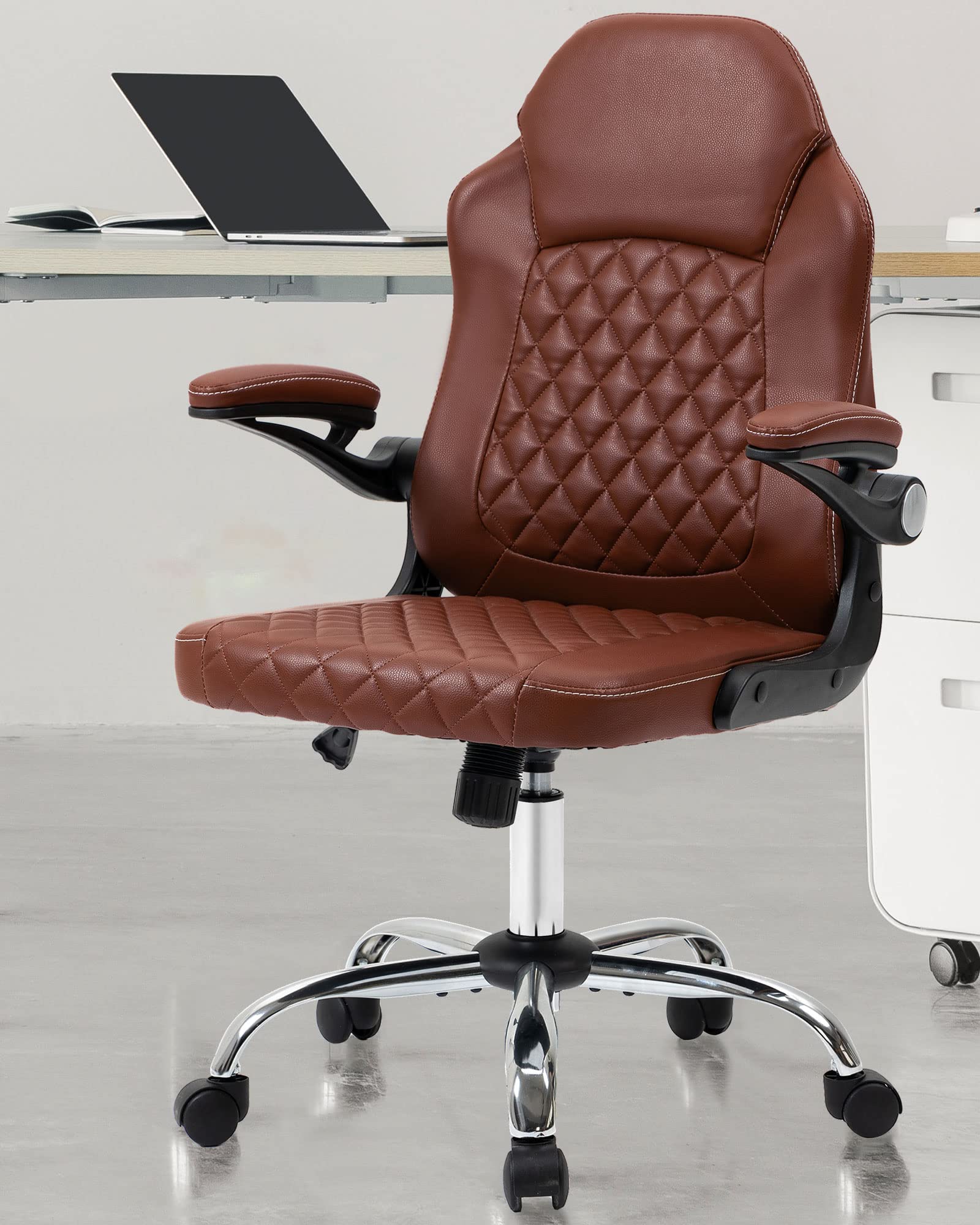 SEATZONE Ergonomic Office Chair - Adjustable Flip-Up Armrests, Diamond Leather Executive Swivel Chair for Computer Work, Gaming & Home Office - Comfortable Desk Chair for Adults (Brown) - Perfect for Long Work Hours, Online Gaming & Remote Work Setup