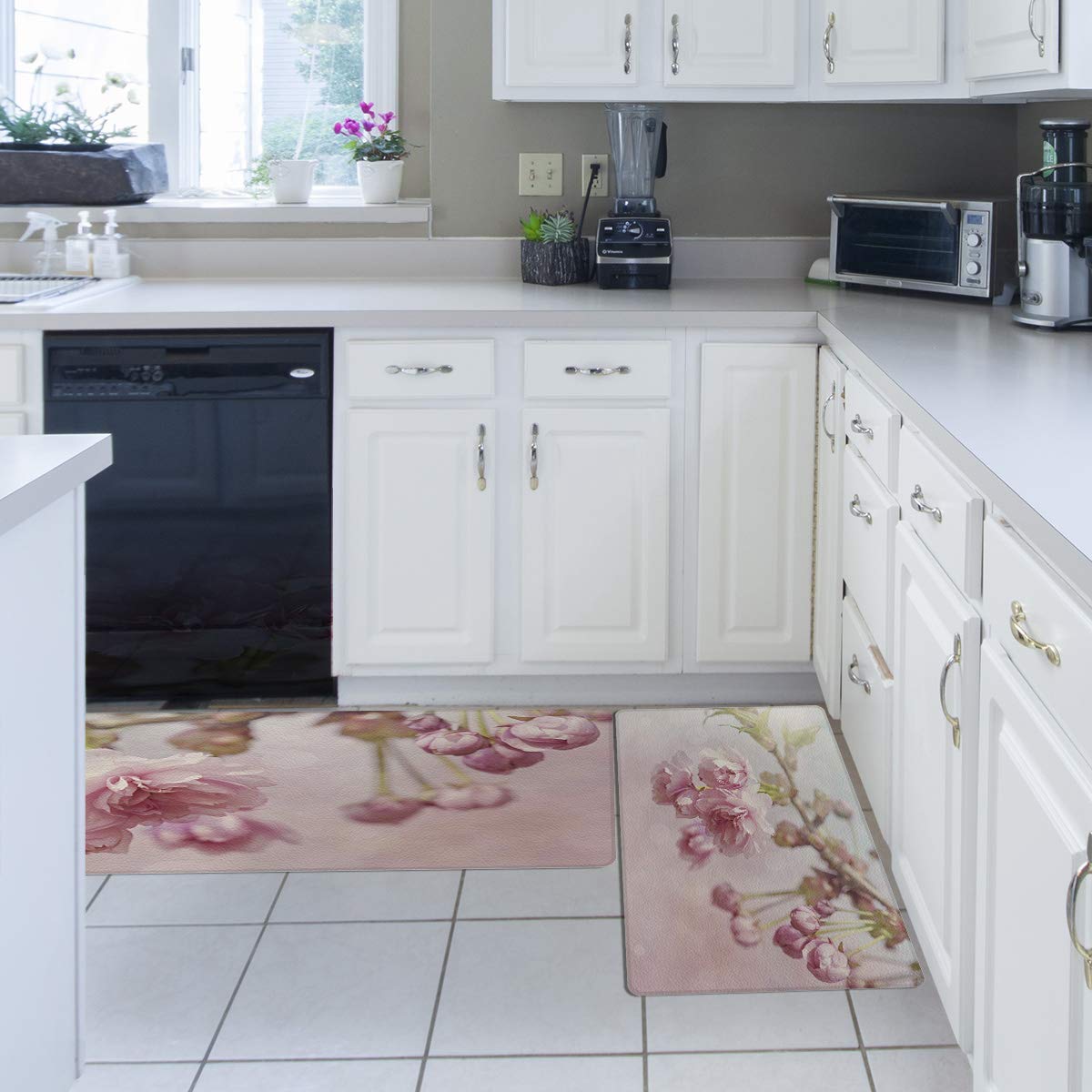 Anti-Fatigue Kitchen Mats Set - Non-Slip Cushioned Floor Rugs for Standing Comfort, Cherry Blossom Design (18