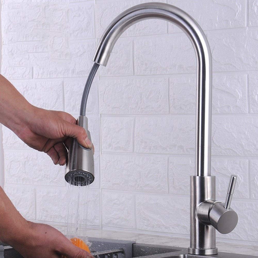 Stainless Steel Brushed Bathroom Faucet Trim Kit - Curved Pull Kitchen Faucet with Hot & Cold Double Control, 360° Rotating Design & Two Water Flow Modes for Sink - Perfect for Modern Bathrooms and Kitchens