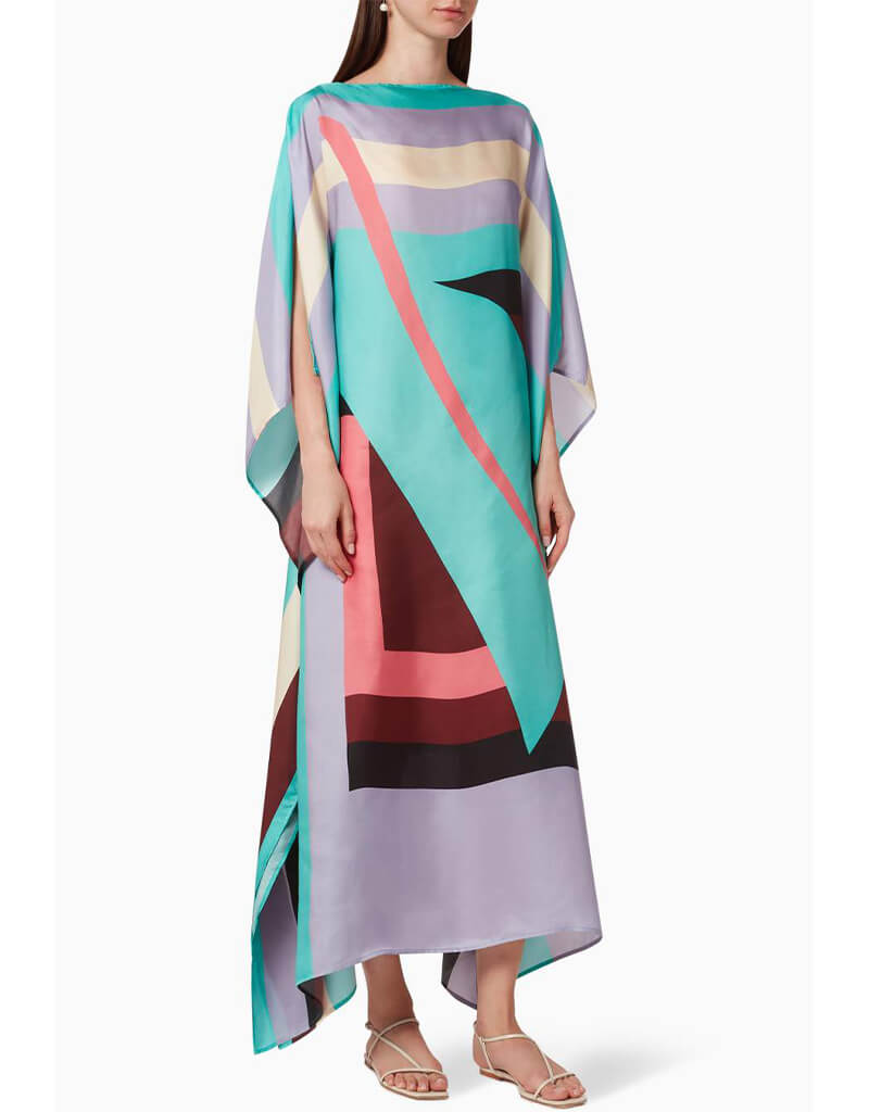 Luxury Blue and Grey Soft Silk Crepe Kaftan Dress - Elegant Loungewear & Beach Cover Up for Women - Perfect for Vacation, Spa Days and Summer Evenings