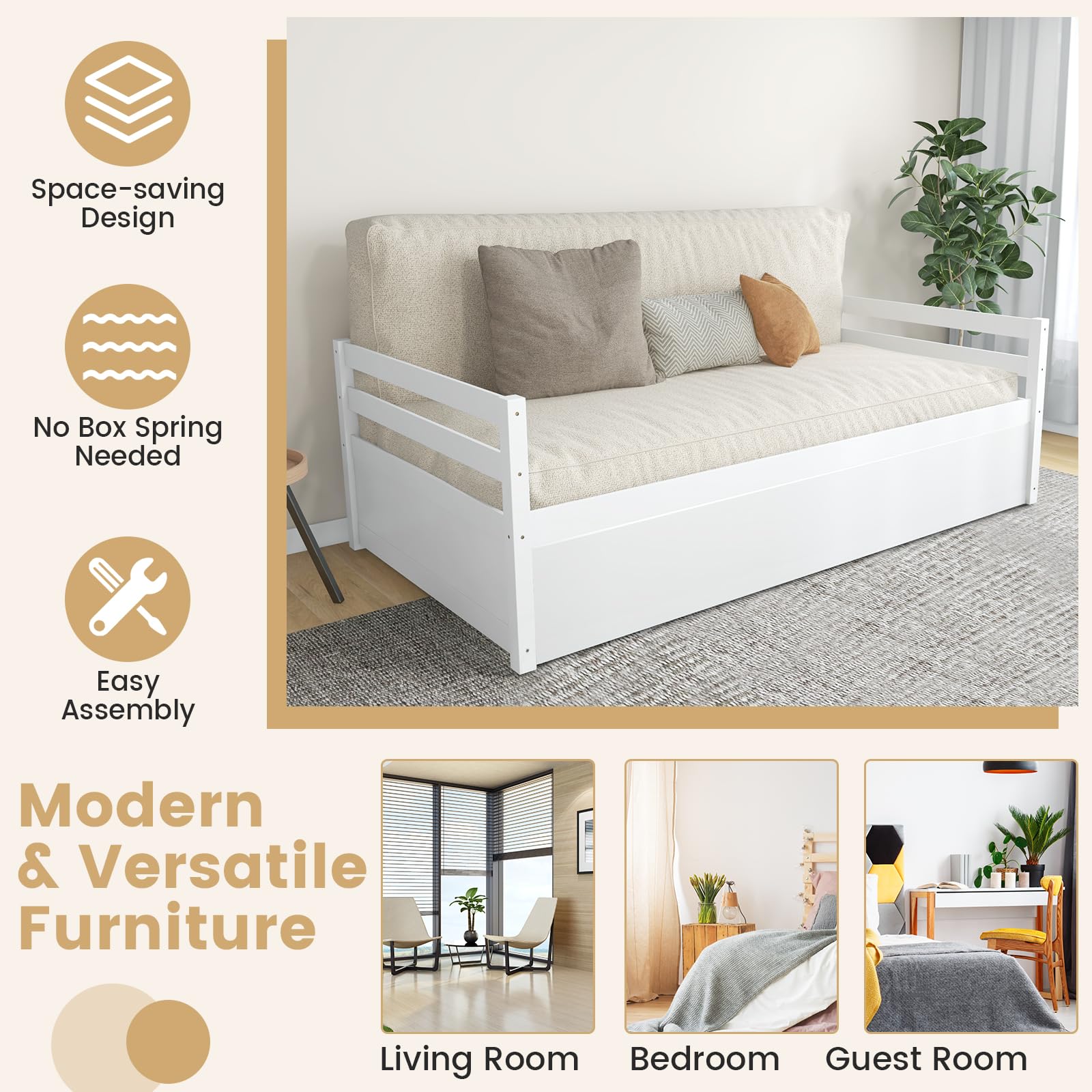 KOMFOTT Twin Size Wooden Daybed Frame with Trundle - No Box Spring Needed, Convertible Sofa Bed for Living Room, Guest Room & Kids Bedroom | Space-Saving Sleep Solution for Small Spaces & Overnight Guests