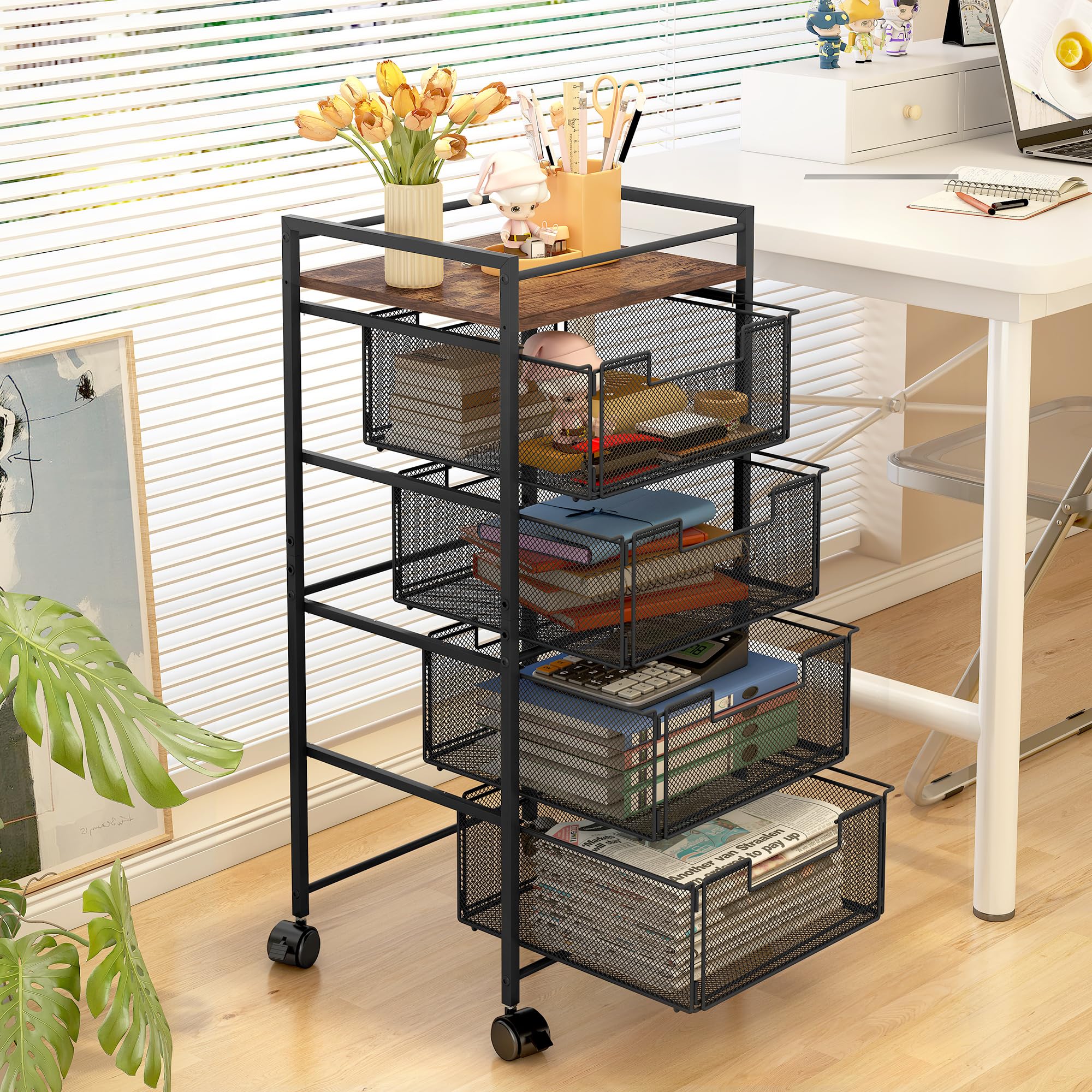 Mobile File Cart with 4 Drawers - Lockable Wheels for Office & Classroom Storage