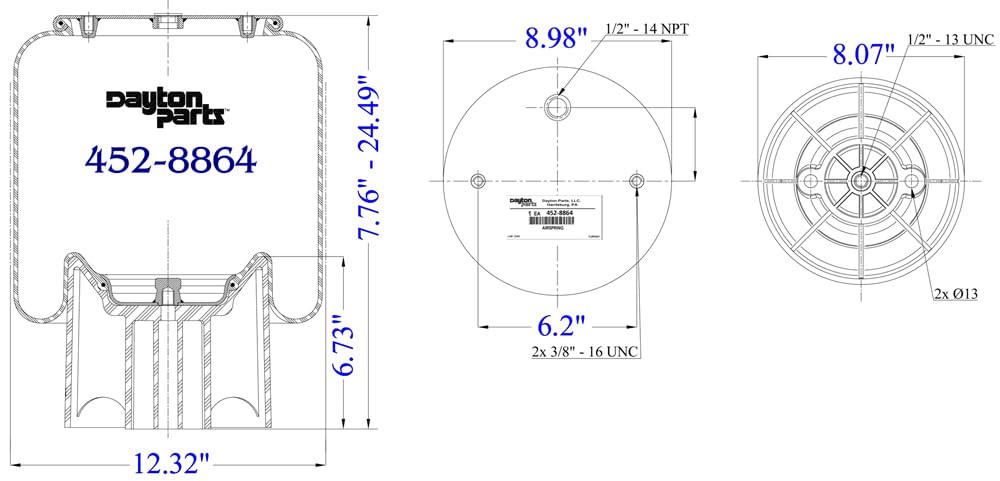 452-8864L Air Spring Rolling Lobe with Composite Piston - 16.14