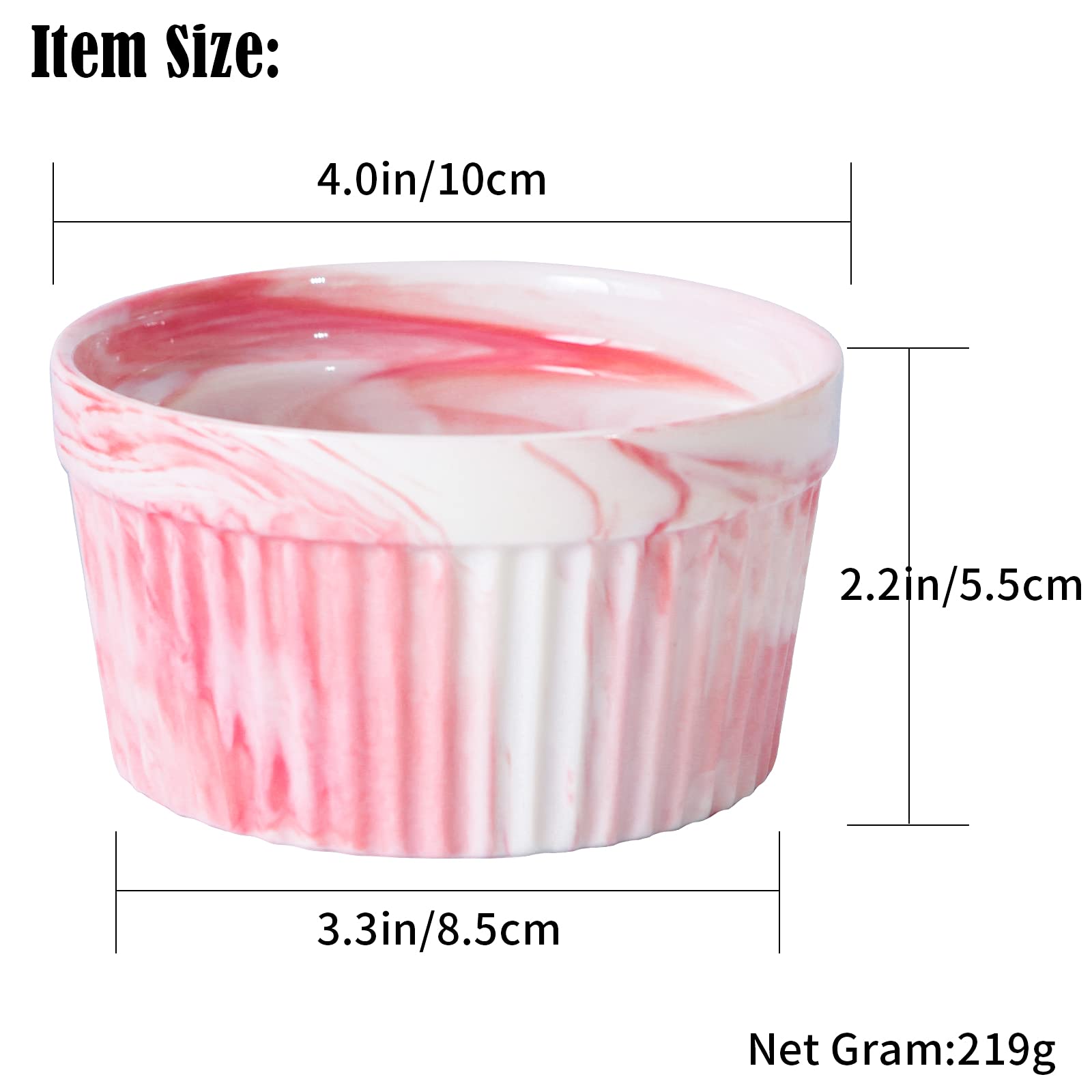 Yundu 8oz Pink Marble Ceramic Ramekins - Oven Safe Baking Bowls for Creme Brulee, Souffle, Desserts (Set of 6) | Perfect for Home Baking, Kitchen Decor & Elegant Dinner Parties