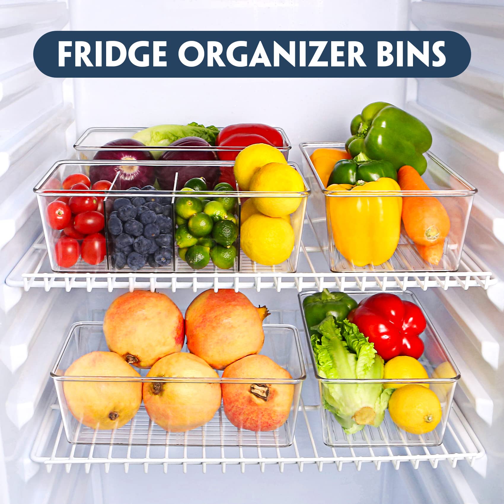 Batoto Clear Refrigerator Organizer Bins with Dividers – 2 Pack for Kitchen Pantry Storage, Perfect for Fridge, Freezer, and Cabinet Organization