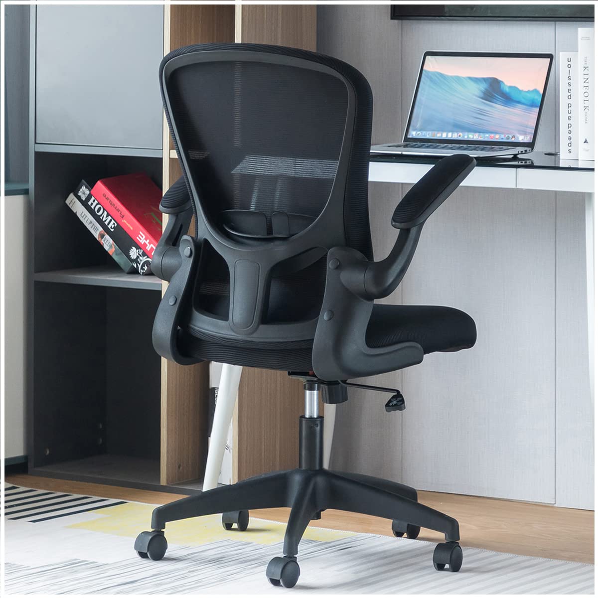 Ergonomic Mesh Office Chair with Adjustable Height, Lumbar Support & Flip-Up Arms - Comfortable Computer Desk Chair for Home & Office Workspaces - Black