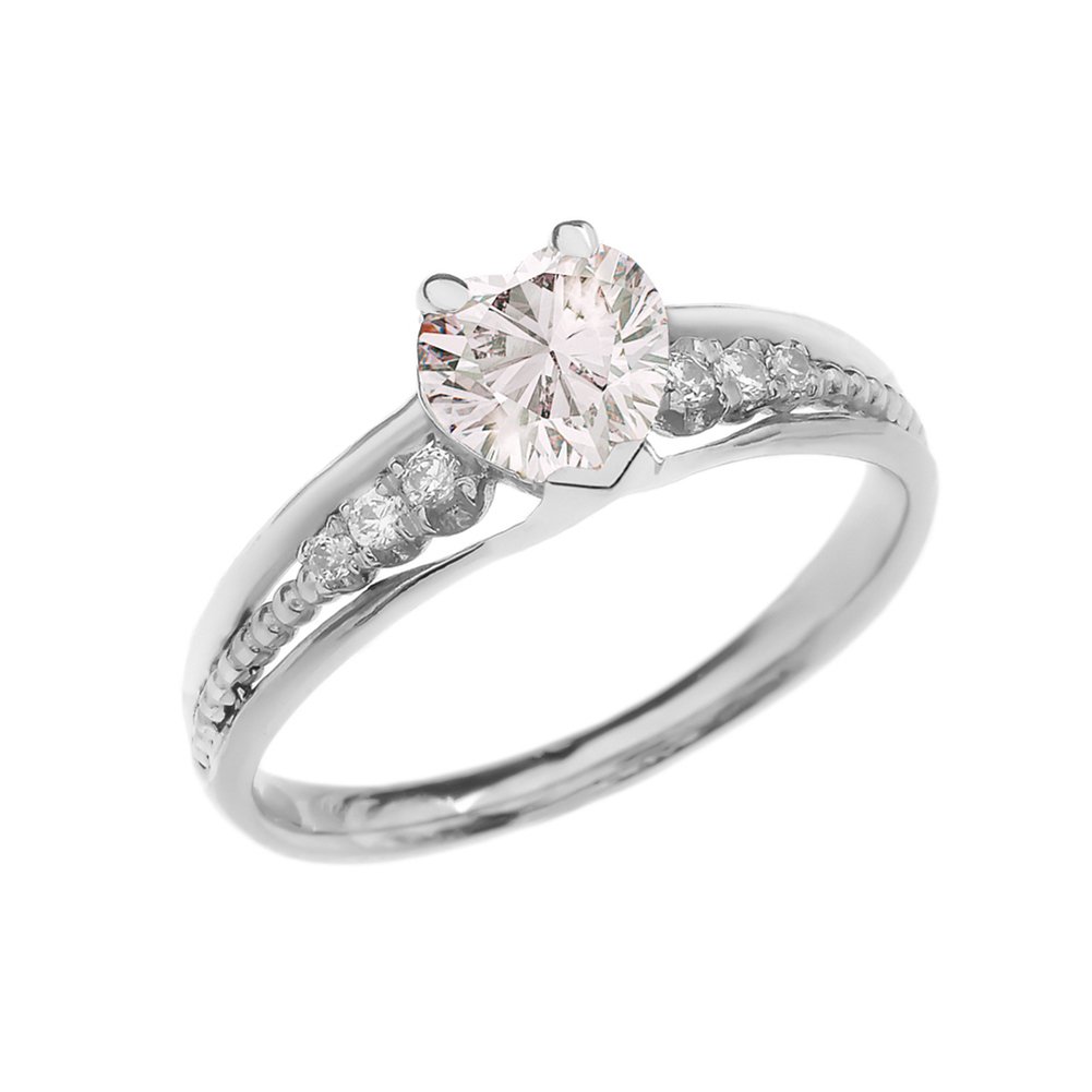 10k White Gold Diamond & April Birthstone Cubic Zirconia Heart Beaded Promise Ring for Women - Elegant Gift for Anniversary, Valentine's Day & Special Occasions