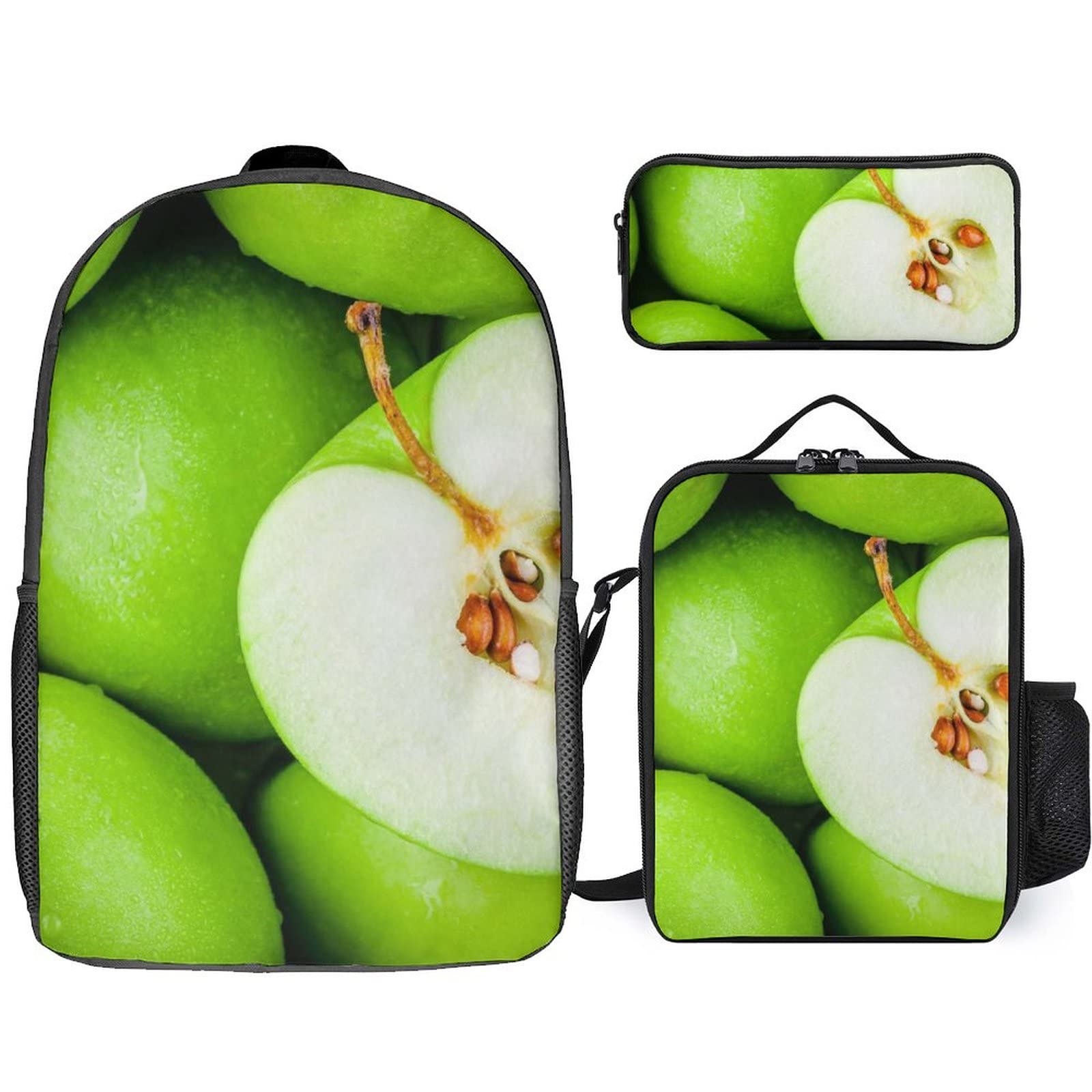Organic Green Juicy Apples Print 3-Piece Backpack Set - Lunch Box & Pencil Case Included | School Backpack for Teens & Students, Daypack for Work & College | Perfect for Class, Office & Travel