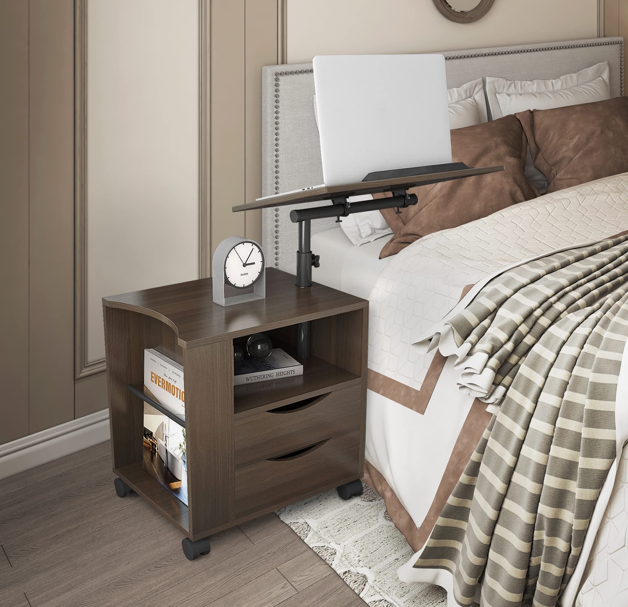 Adjustable Overbed Table with Storage Drawer - Rolling Nightstand Workstation for Bedroom & Home Office - Height Adjustable Bed Desk in Black Walnut - Perfect for Laptop Use, Reading, Breakfast in Bed & Hospital Recovery
