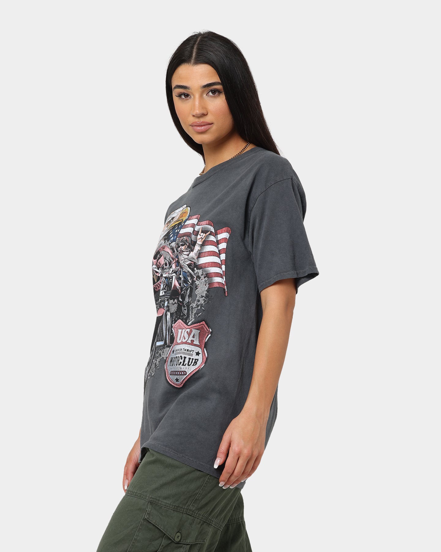 Vintage American Thrift Eagle Moto Club Graphic T-Shirt - Distressed Black Cotton Tee for Motorcycle Riders & Biker Enthusiasts | Casual Streetwear & Club Events