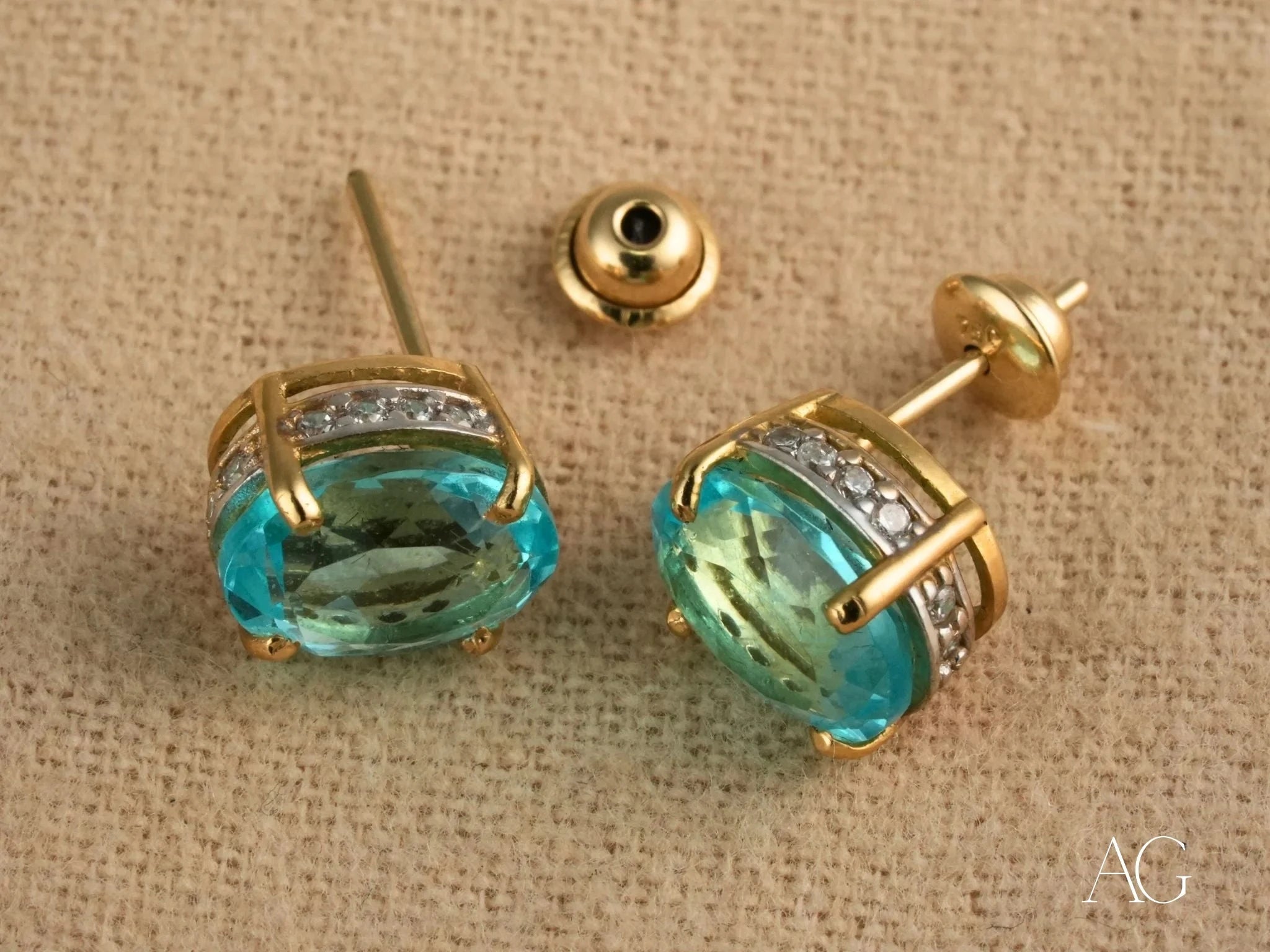 18K Gold Oval Blue Topaz & CZ Halo Earrings for Women – Elegant Dangle Drop Earrings for Wedding, Party & Special Occasions