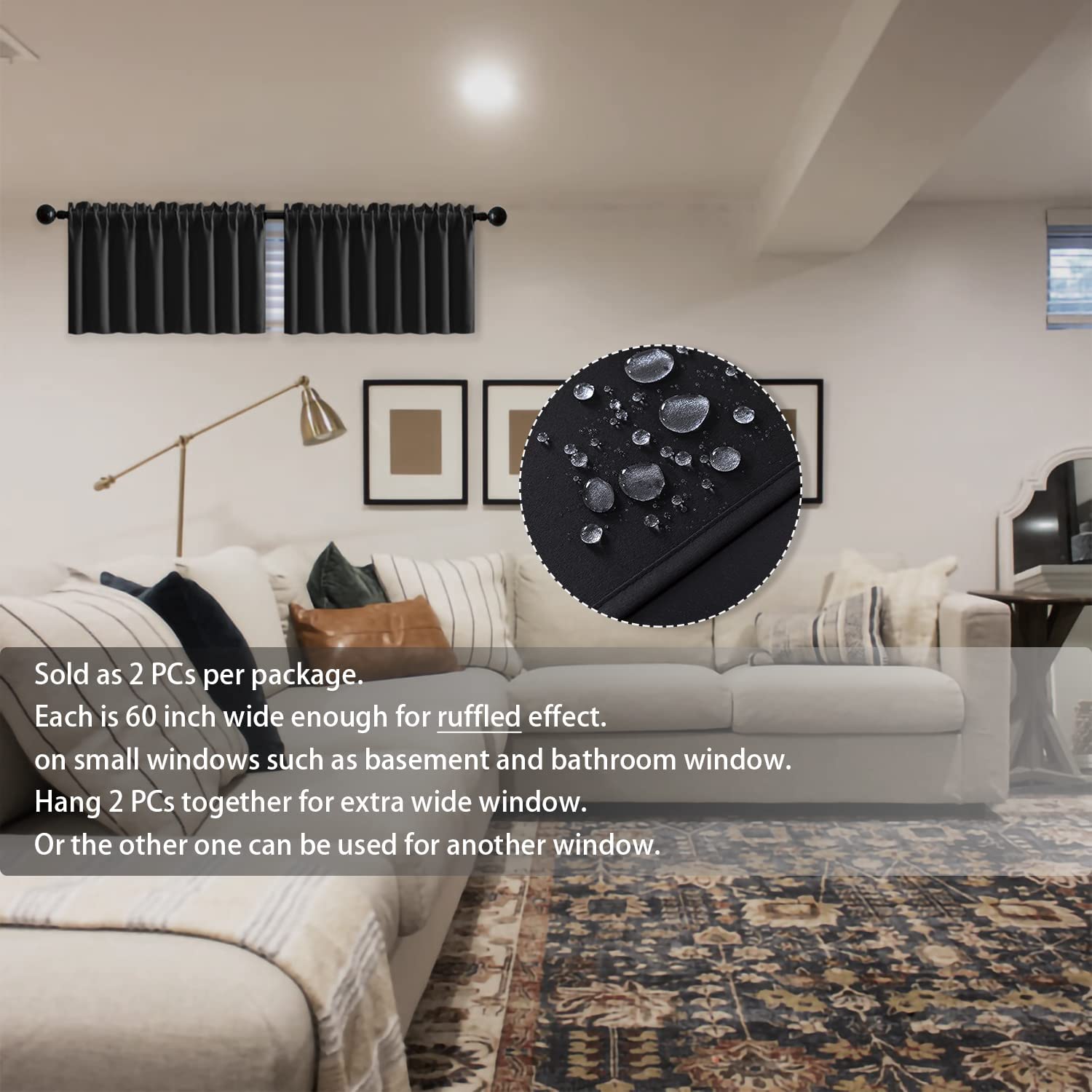 Waterproof Black Curtain Valances for Bathroom & Shower Windows - 60