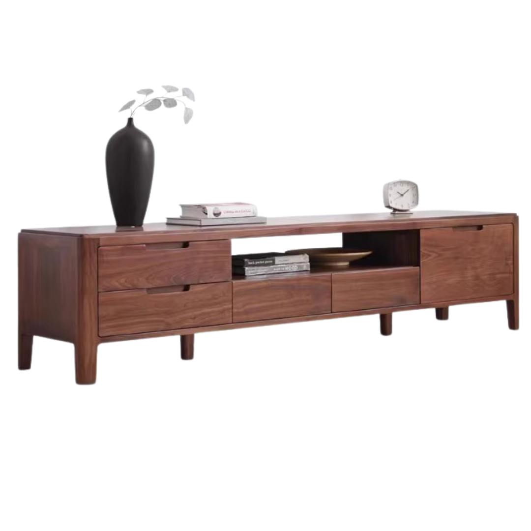 Premium Black Walnut Solid Wood TV Stand - Large Storage Entertainment Center for Living Room, Home Theater & Media Organization