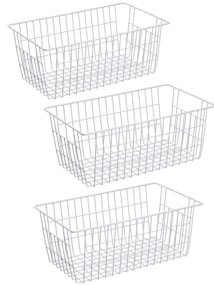 Metal Wire Storage Baskets Set of 3 - Freezer & Pantry Organizer Bins for Kitchen, Cabinet, Bathroom | Durable Stackable Storage Solution for Food, Toiletries & Household Items
