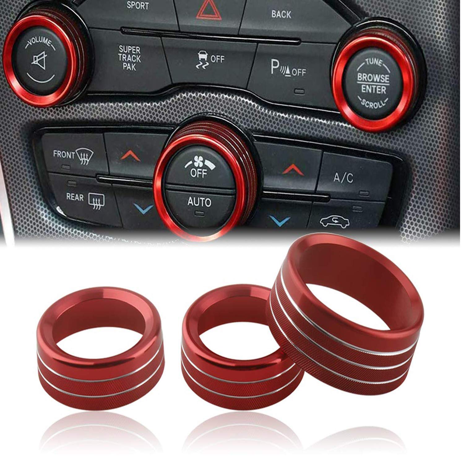 Billet Aluminum HVAC A/C Radio Tuner Knob Button Switch Trim Cover - Red Interior Accessories Compatible with Dodge Charger & Challenger (2015-2023) | Upgrade Your Car Decor for Enhanced Style & Comfort