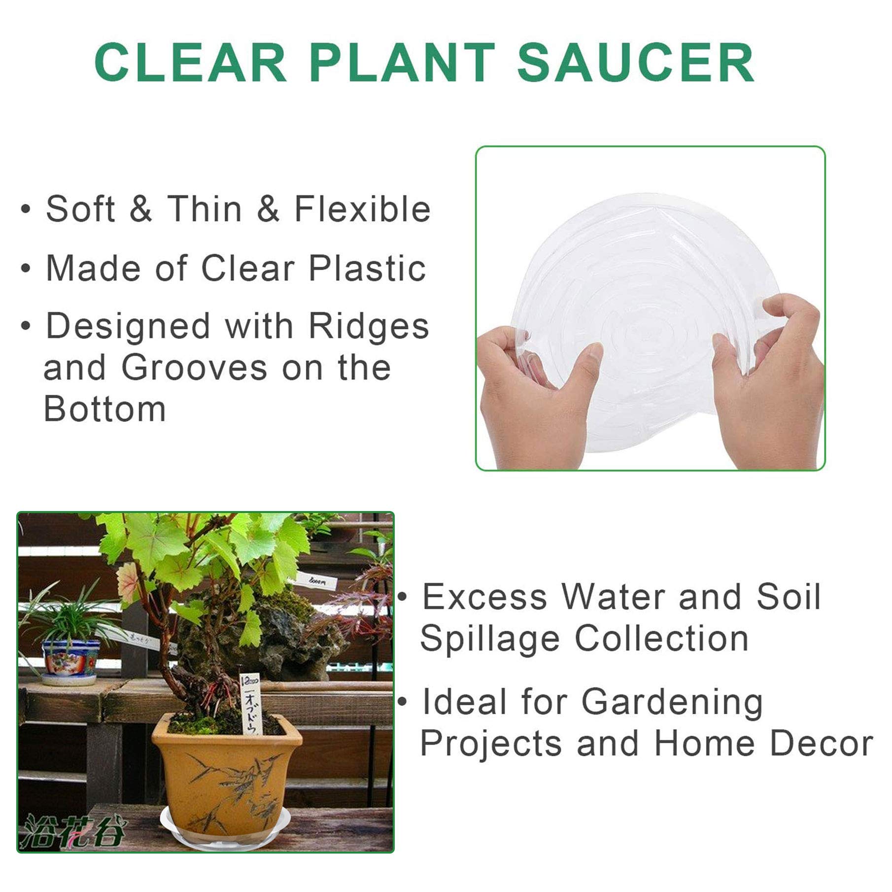 5-Pack Heavy Duty Clear Plastic Plant Saucers - Thick & Sturdy Drip Trays for Indoor/Outdoor Flower Pots - Perfect for Garden, Balcony & Patio Plant Drainage