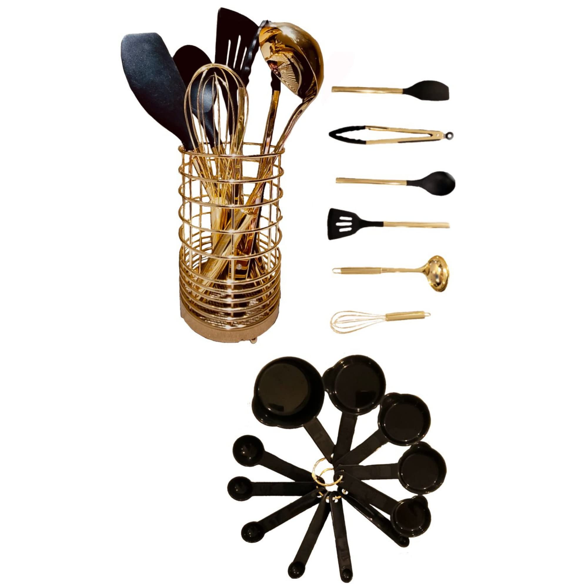 17-Piece Golden & Black Silicone Kitchen Utensil Set with Holder - Non-Toxic, BPA-Free, Heat Resistant Cooking Tools for Baking, Frying & Non-Stick Pans - Luxury Kitchen Essentials for Home Chefs