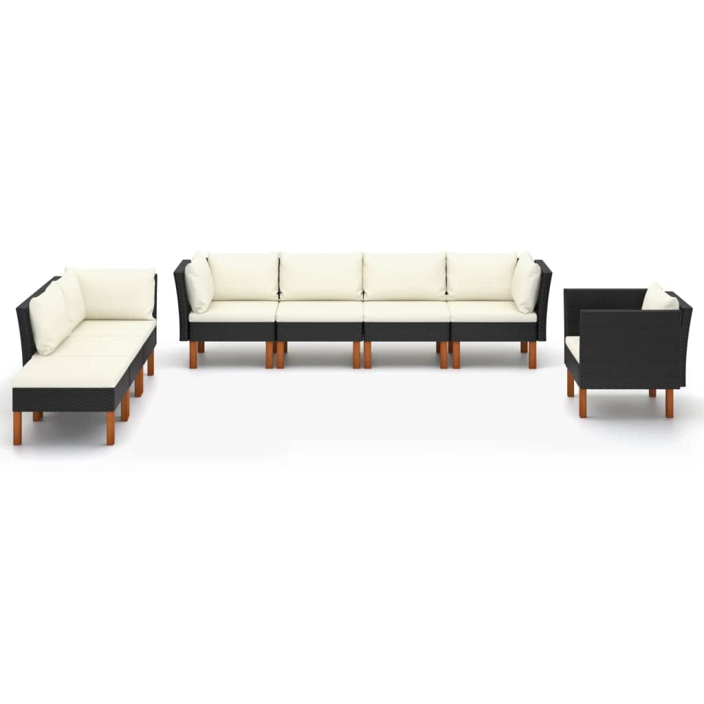 8-Piece Patio Lounge Set with Cushions - Black Poly Rattan & Eucalyptus Wood Outdoor Furniture for Porch, Deck, or Garden - Perfect for Entertaining and Relaxing Outdoors