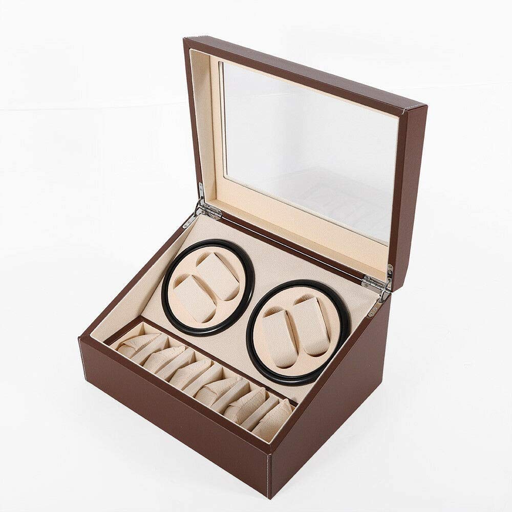 Automatic Rotating Watch Winder Display Case - 10 Slot (4+6) Wooden Watch Storage Box for Men's Luxury Watches, Jewelry & Sunglasses | Perfect for Home, Office & Travel Organization