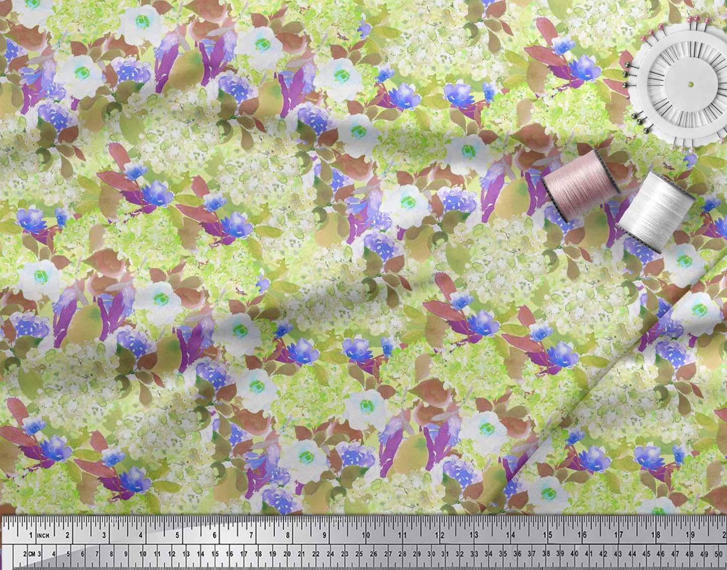Soimoi 52 Inch Wide Polyester Georgette Fabric with Watercolor Flower & Leaves Print - Perfect for Dresses, Scarves, Blouses & DIY Sewing Projects