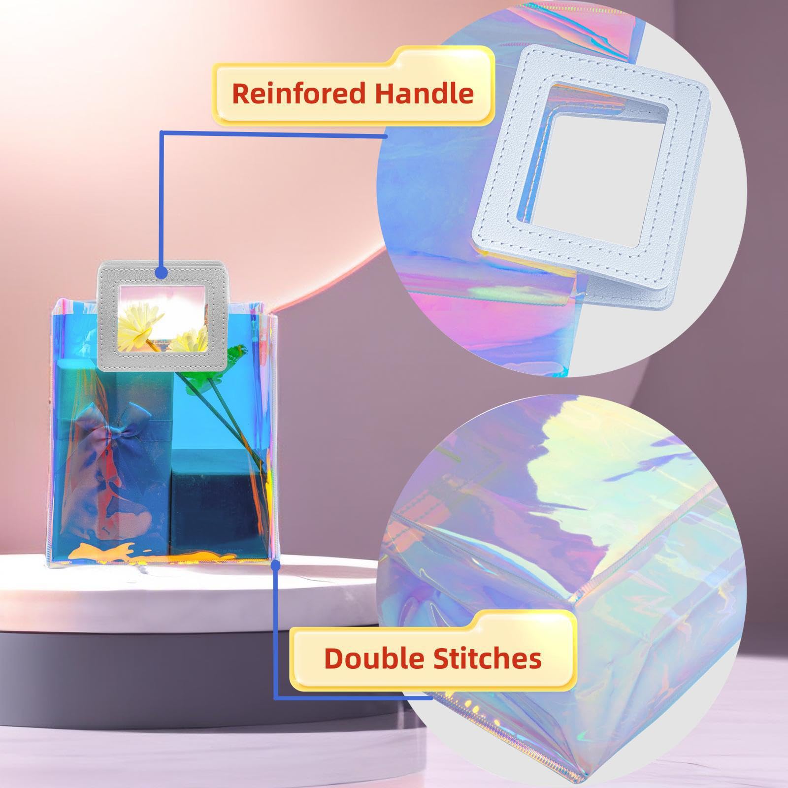 6PCS Holographic Clear Gift Bags with Tissue Paper - 7.9x7.1x3.9 inch Party Favor Bags with Handles for Christmas, Birthday, Wedding - Perfect for Party Favors, Goodie Bags & Gift Packaging