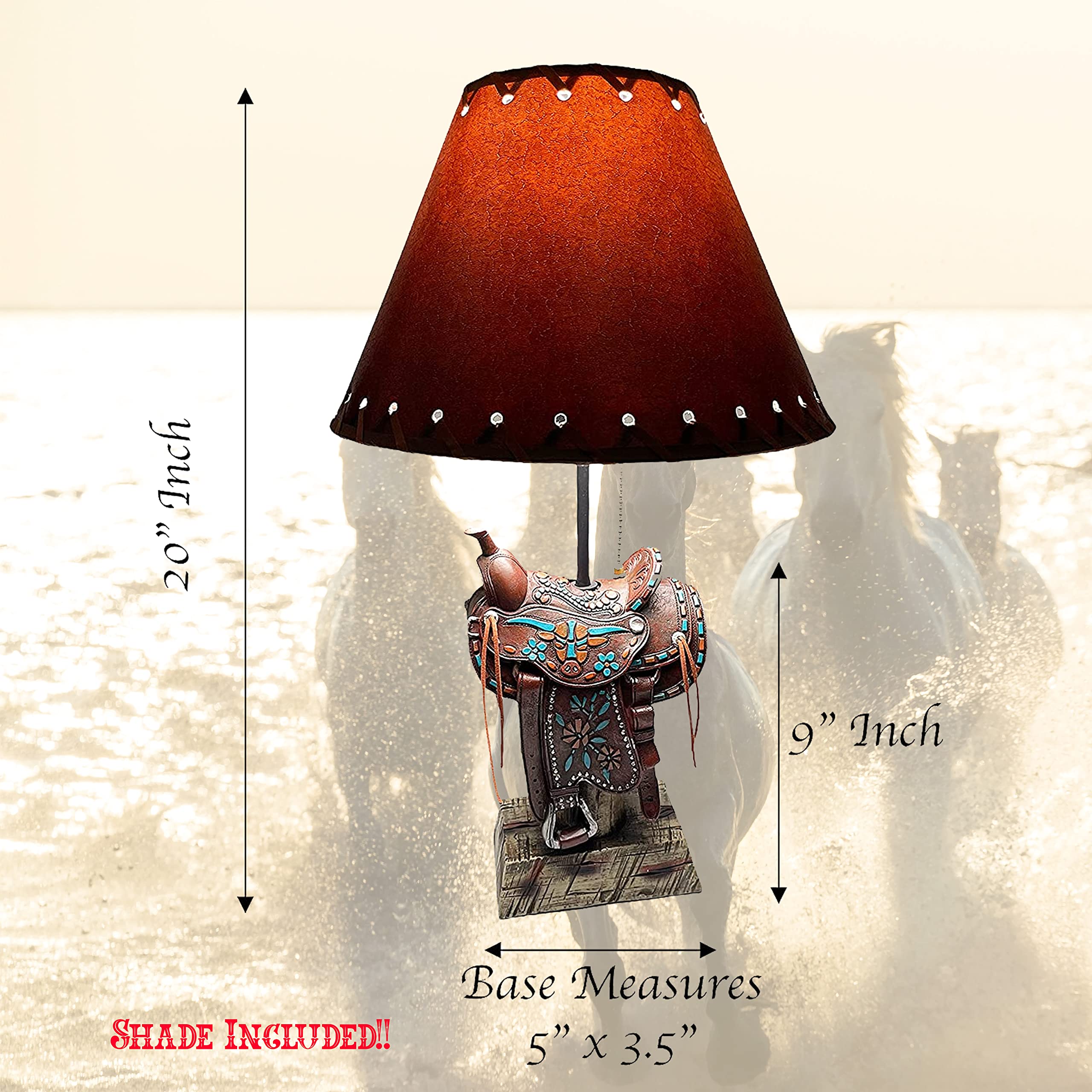 Western Cowboy Brown Teal Saddle Longhorn Roper End Table Lamp - Western Decor, Nightstand Lamp for Bedroom, Living Room, Office - Rustic Home Lighting with Longhorn Design
