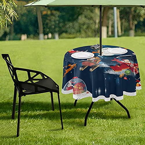 Wusikd Christmas Santa Space Reindeer Round Tablecloth - 60 Inch Outdoor Washable Polyester Table Cover with Umbrella Hole & Lace Trim - Perfect for Camping, Picnics, Patio Parties, BBQs, and Family Gatherings