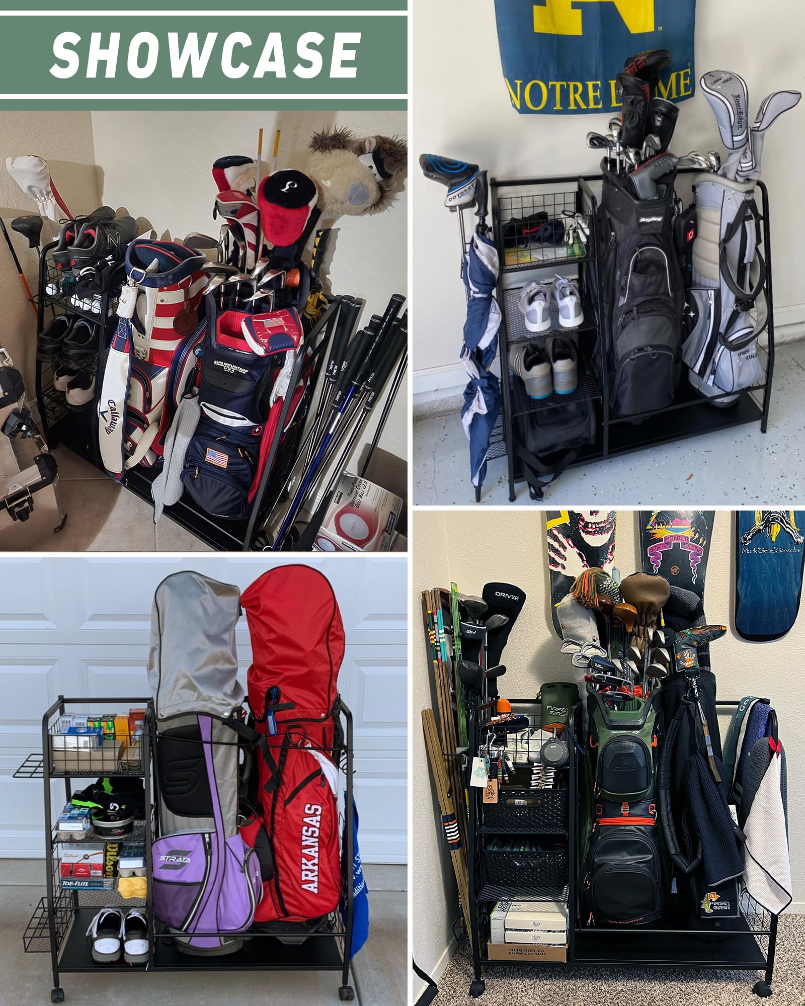 **3-Slot Golf Bag Storage Rack with Lockable Wheels - Heavy Duty Golf Equipment Organizer for Garage & Home - Golf Clubs & Accessories Holder - Perfect for Golf Enthusiasts & Club Storage**