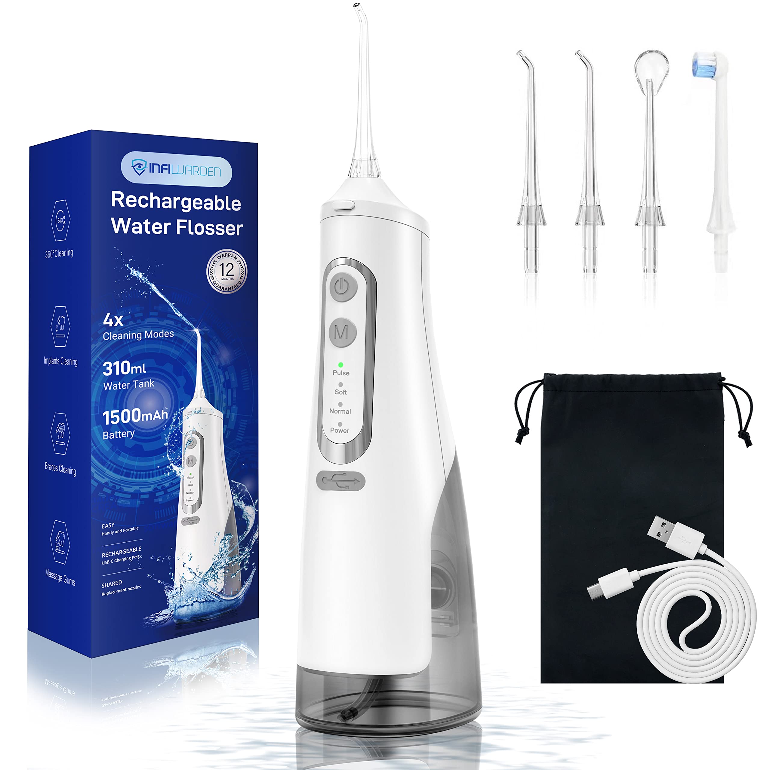 Infiwarden Cordless Water Flosser - Portable Rechargeable Dental Oral Irrigator with 310ml Water Tank, IPX7 Waterproof Teeth Cleaner for Home & Travel - Perfect for Braces Care & Gum Health (White)
