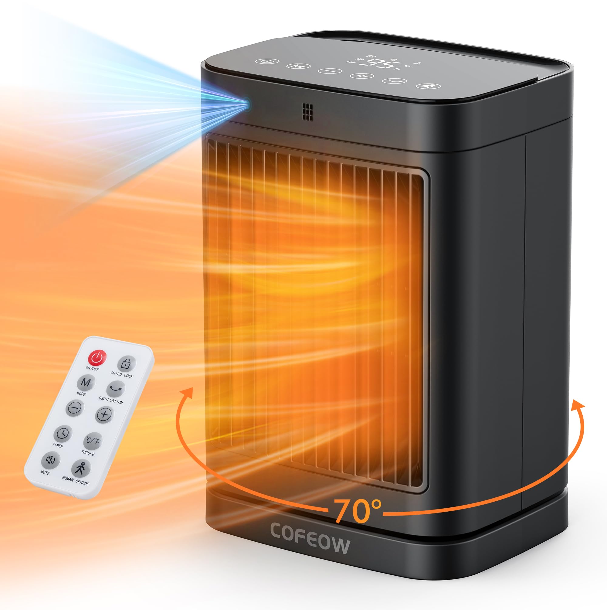 1500W Ceramic Space Heater with Motion Sensor & Remote - Portable Electric Heater for Large Rooms, Bedroom, Office, Garage - Oscillating, Timer, Thermostat - Ideal for Winter Heating & Energy Saving