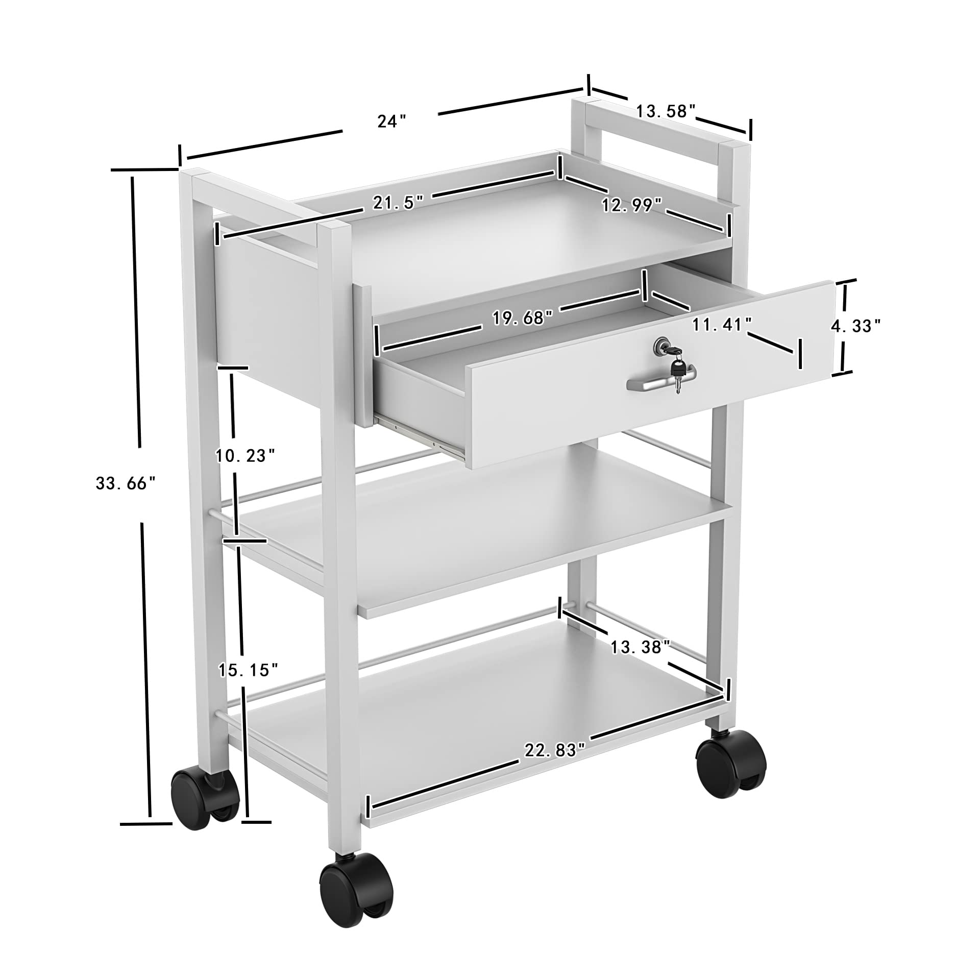 Paddie Salon Trolley Cart - Wooden Mobile Utility Cabinet with 1 Drawer & 2 Trays, Rolling Storage Station for Beauty Salon & Spa - Perfect for Makeup Artists, Hair Stylists & Nail Technicians (White)