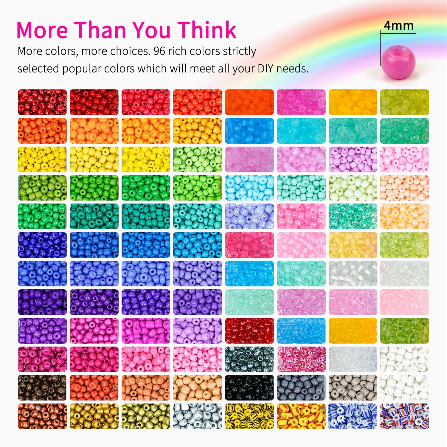 4mm Glass Seed Beads Friendship Bracelet Kit - 15,500pcs 96 Colors 6/0 Small Beads with Strings & Letter Beads for DIY Jewelry Making, Waist Beads, Girls Crafts - Perfect for Friendship Bracelets, Boho Jewelry & Handmade Gifts