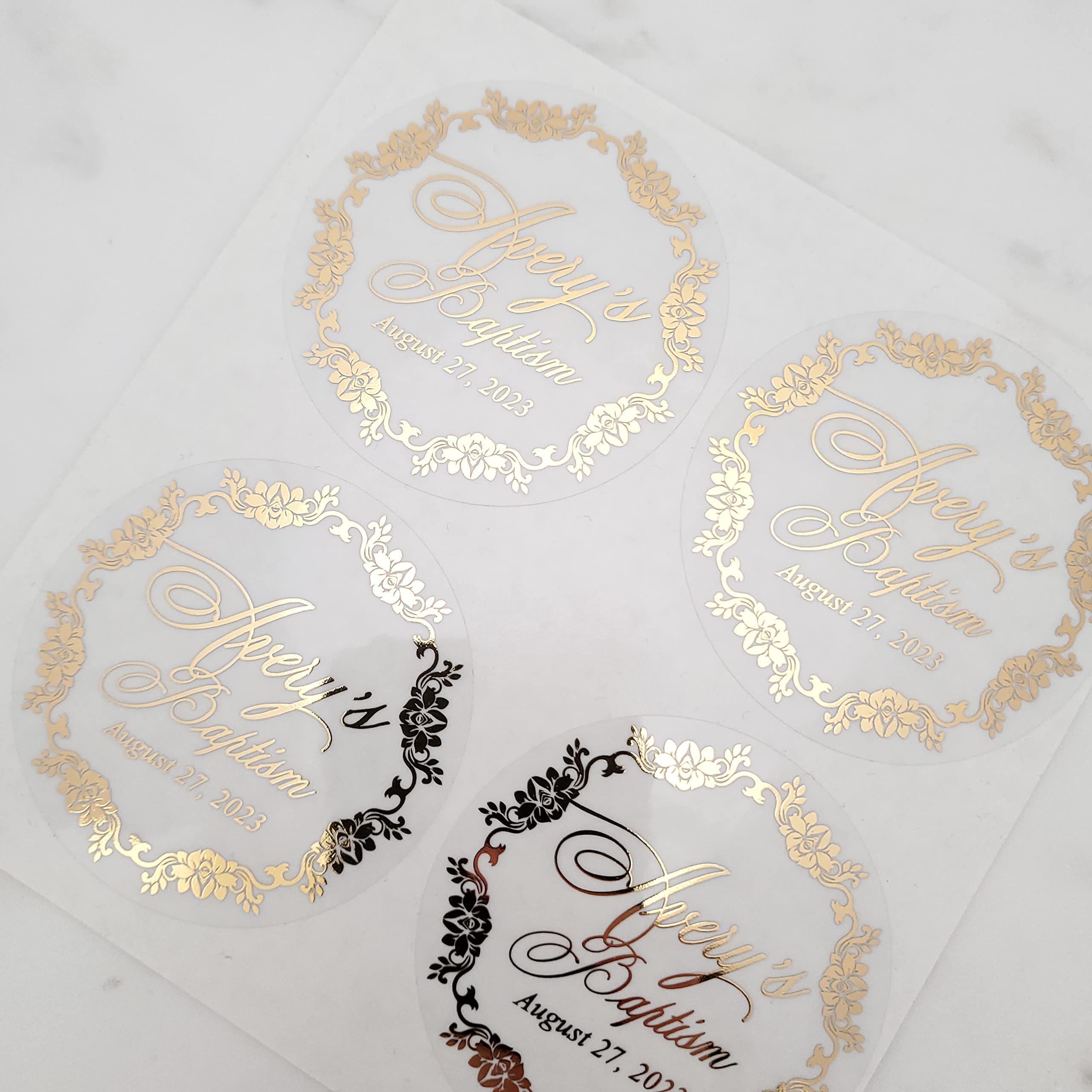Custom Gold Foil Baptism Stickers - Personalized Christening Labels for Favors, Gifts, Candles & Bottles (2