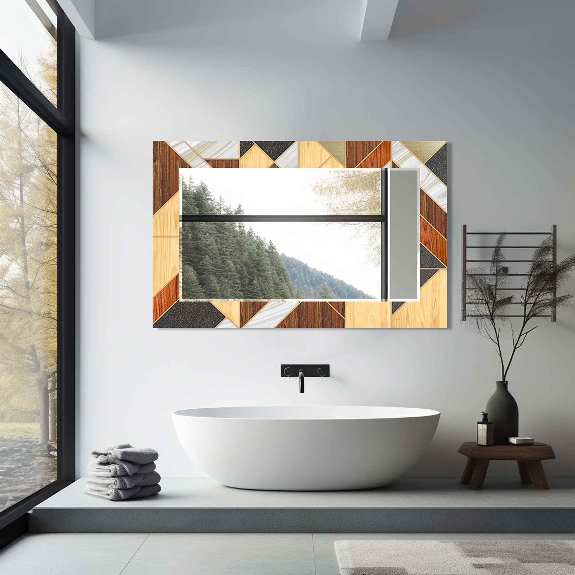Stylish Wooden Framed Tempered Glass Wall Mirror - Elegant Home Decor for Bedroom, Bathroom & Living Room - Shatterproof & Durable Design for Daily Use