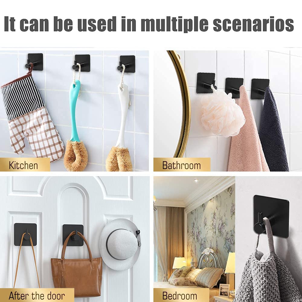 6 Pack Black Self Adhesive Wall Hooks - No Drill Stainless Steel Hangers for Robe, Towel & Coat - Strong Adhesive Bathroom, Bedroom, Office & Kitchen Organizers (Perfect for Small Spaces & Rental Homes)