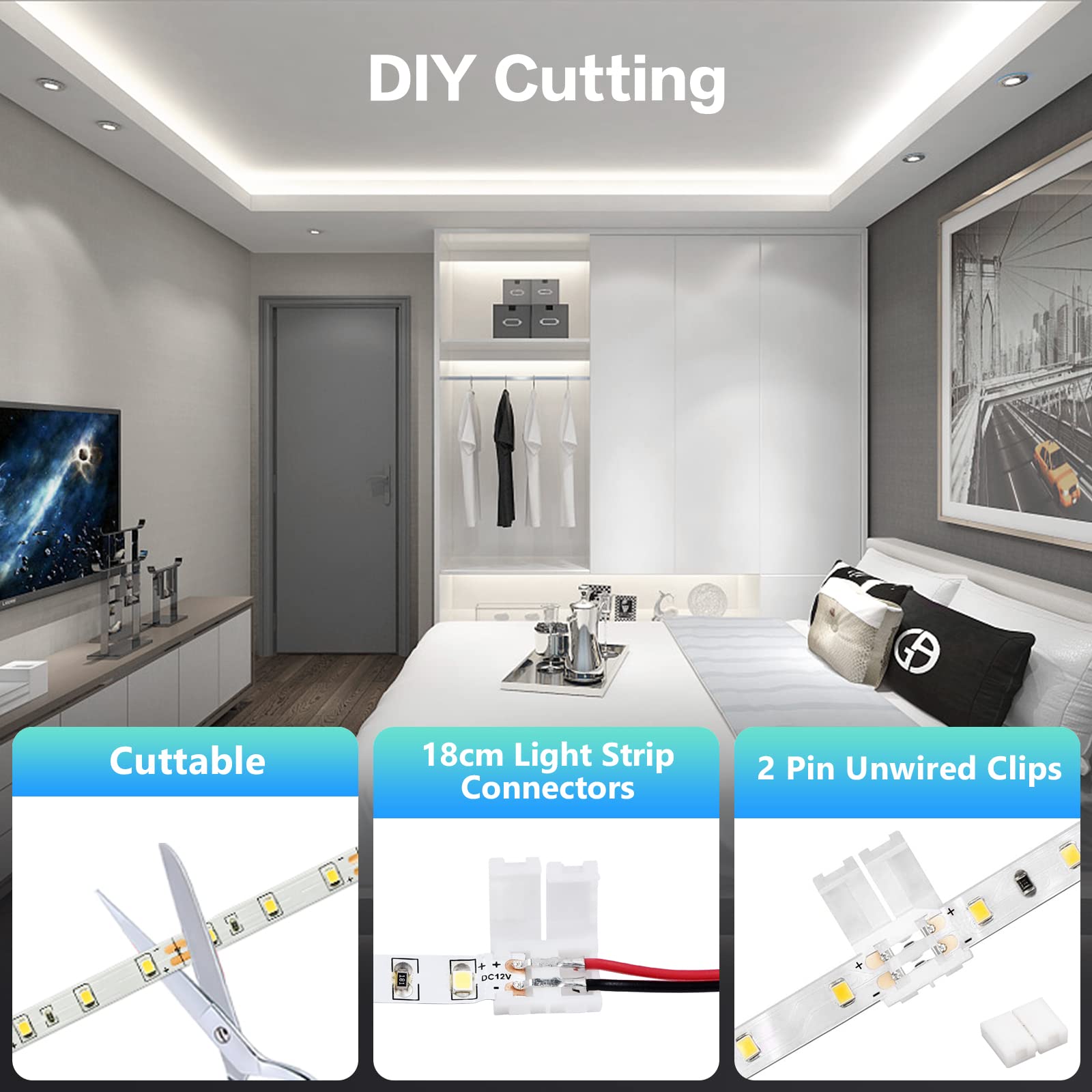 Wobsion 16.4ft White LED Strip Lights with Bluetooth & IR Remote Control - 300 LEDs Dimmable Rope Light, 12V Self-Adhesive Tape Lights (6000K Cool White) - Perfect for Bedroom, Kitchen Cabinet, Mirror, TV Backlight & Party Decor