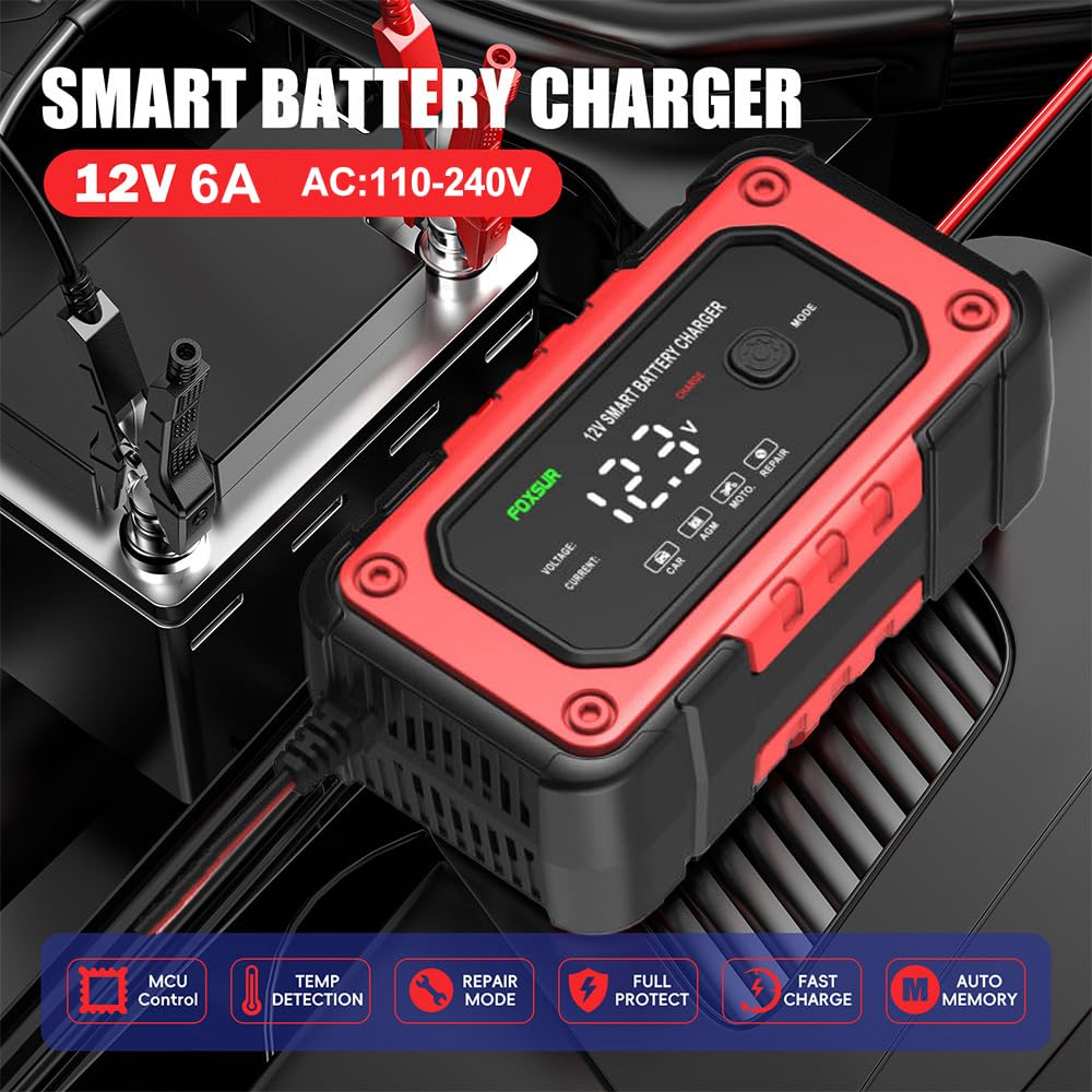 12V 6A Smart Car Battery Charger & Maintainer - Fully Automatic Trickle Charger with Temperature Compensation for AGM & Lead Acid Batteries - Ideal for Winter Storage, RV, Boat & Motorcycle Maintenance