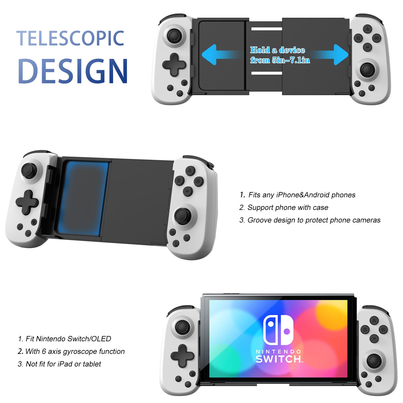 Wireless Gamepad for iPhone, Android, PC - Turbo, Gyro, Dual Motors (White) - Perfect for Cloud Gaming & PS5/Xbox Streaming
