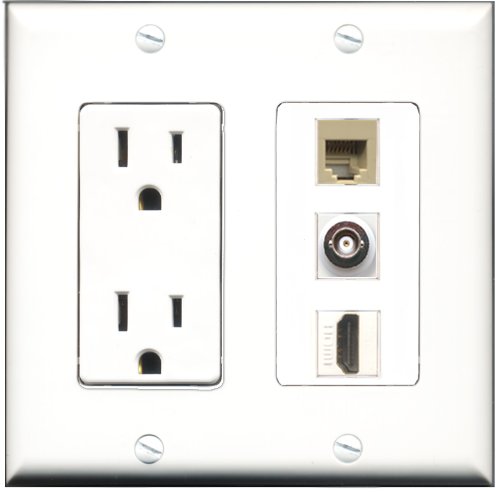 RiteAV 15 Amp Power Outlet with HDMI, Phone & BNC Ports - Decorative Beige Wall Plate for Home Theater & Security System Installations