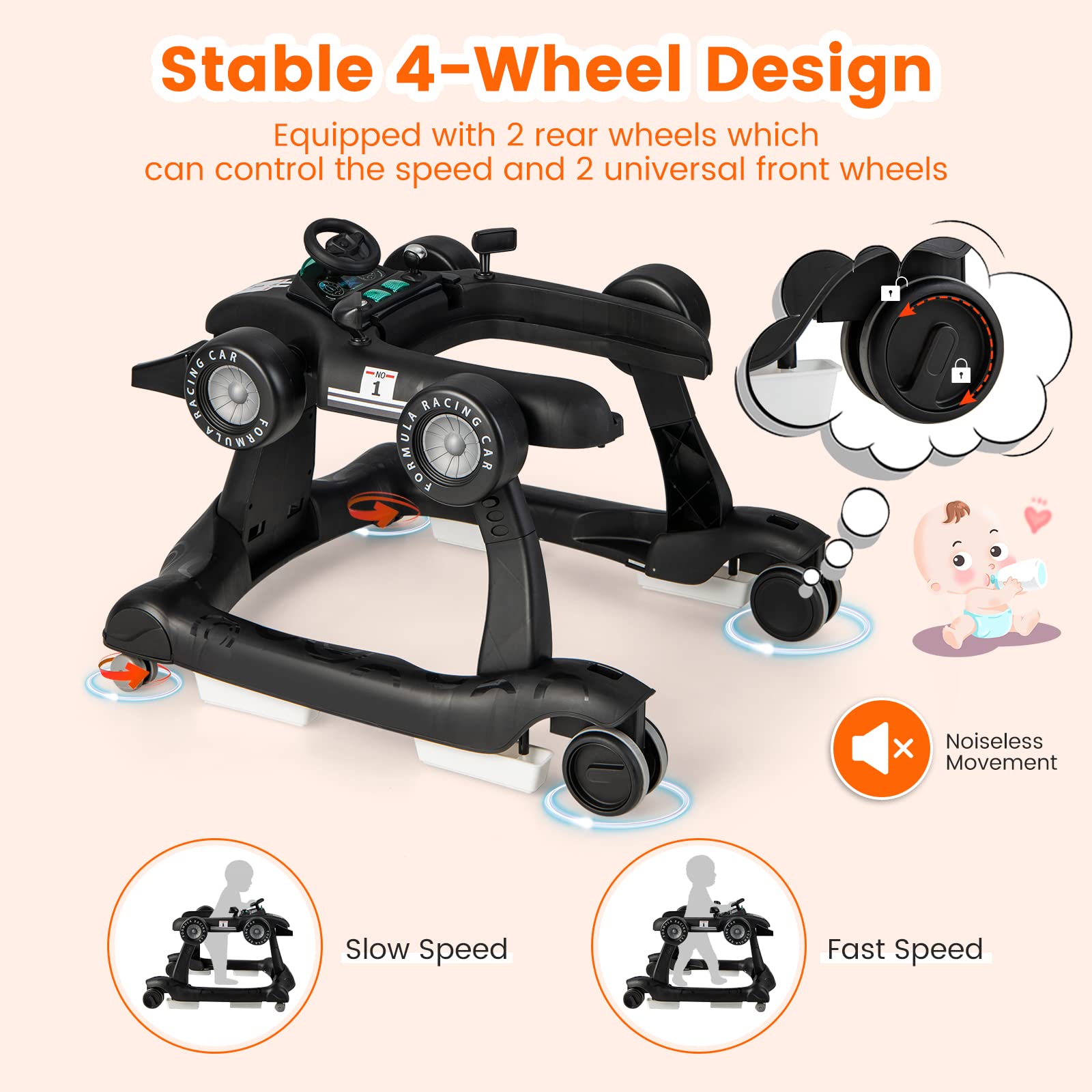 HONEY JOY 4-in-1 Baby Walker with Adjustable Height & Speed | Foldable Push Walker with Music, Lights & Padded Seat | Smooth Wheels for Boys & Girls 6+ Months (Black) | Perfect for Learning to Walk & Indoor Playtime