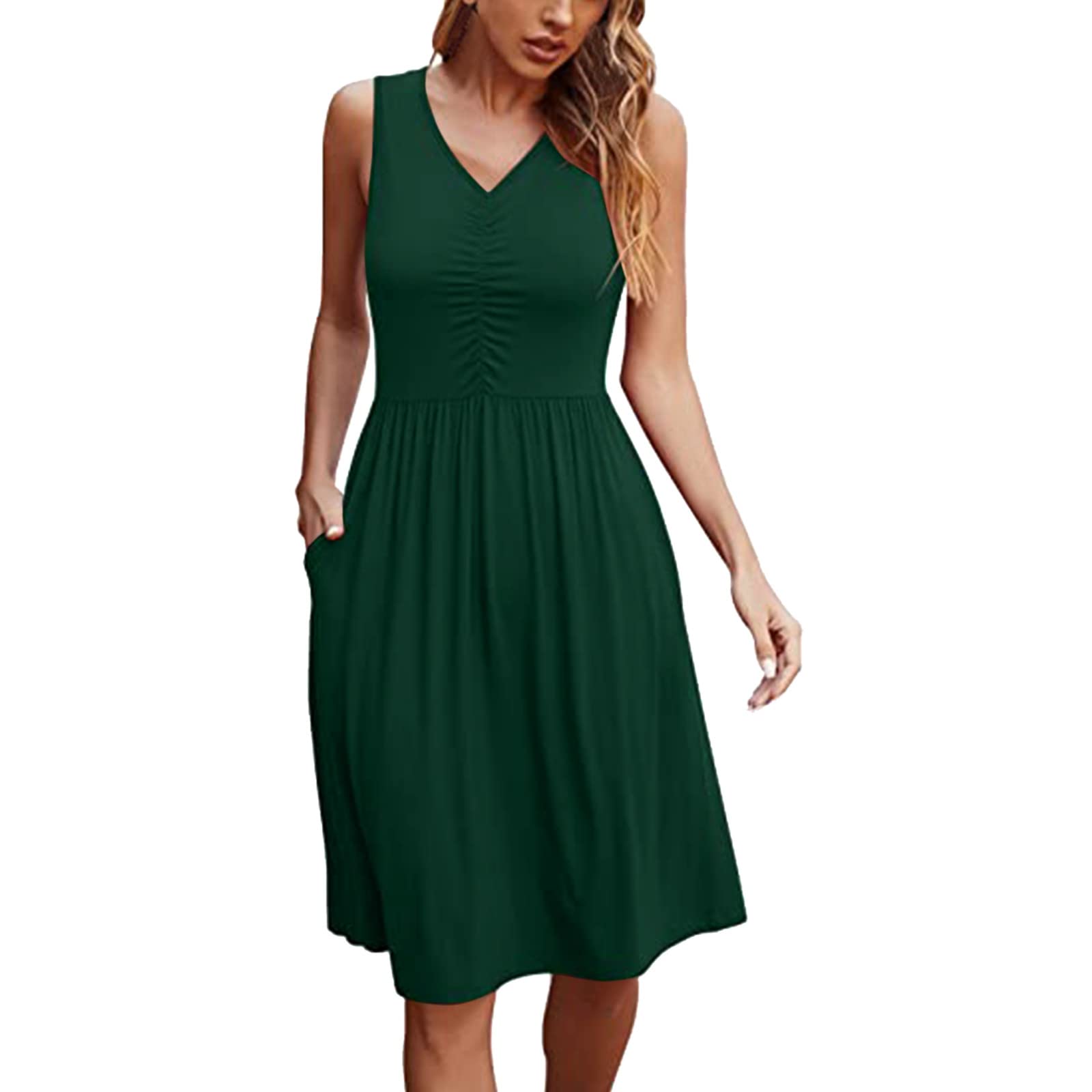 VECDUO Women's Summer Dresses 2023 - Sleeveless V-Neck Boho Print Midi Dress with Pockets | Casual Beach Wear, Vacation Outfits & Summer Fashion