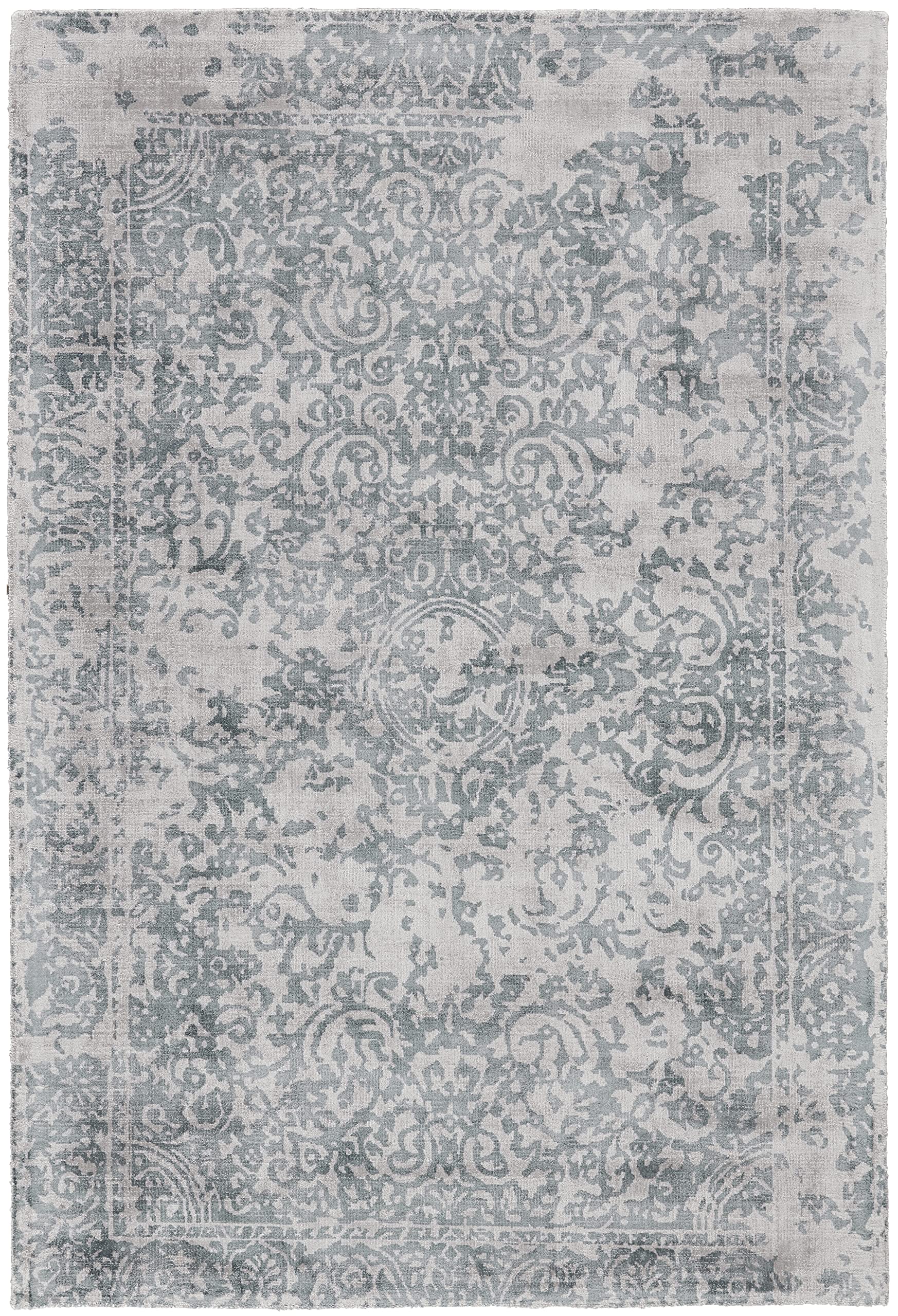 Feizy Rugs - Nadia Distressed Damask Area Rug 5x8 ft, Blue Gray Mist Vintage Style Handmade Rug for Living Room, Bedroom & Dining Room Decor