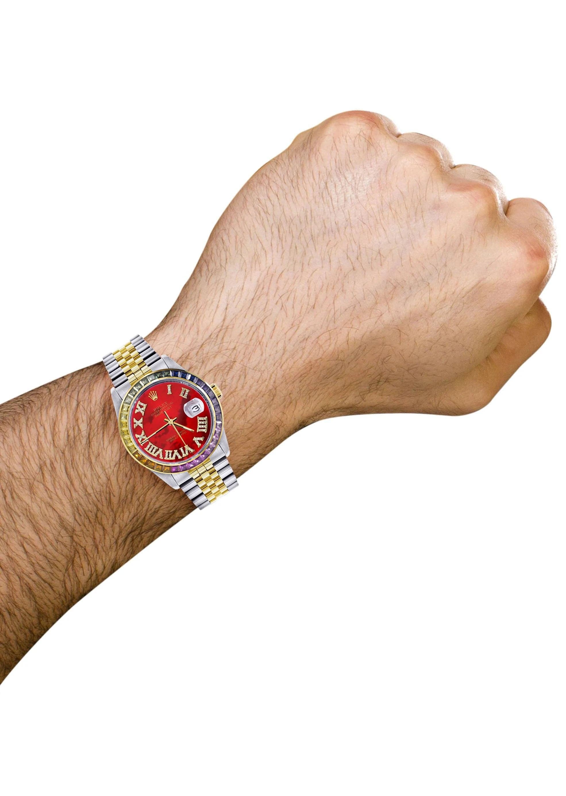 Luxury Diamond Gold Rolex Watch For Men 16233 | 36mm Rainbow Sapphire Bezel | Diamond Red Mother of Pearl Roman Dial | Jubilee Bracelet | Perfect for Gifts, Weddings & Special Occasions
