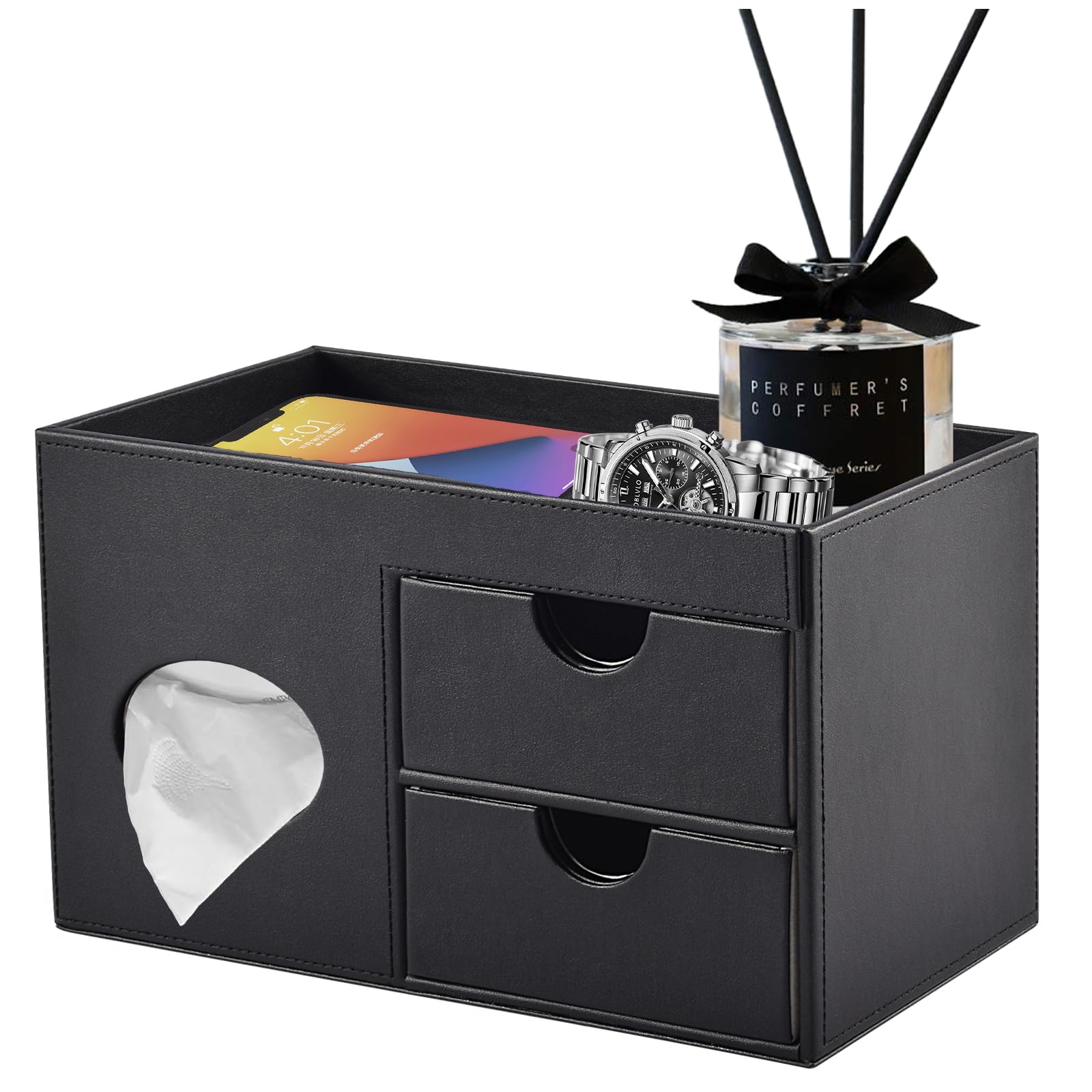 Square Tissue Box Cover with Drawers & Storage Tray - Makeup Organizer & Desk Organizer - Decorative Tissue Holder for Bathroom, Vanity, Nightstand & Dressing Table (Black) - Perfect for Home, Office & Bedroom Organization