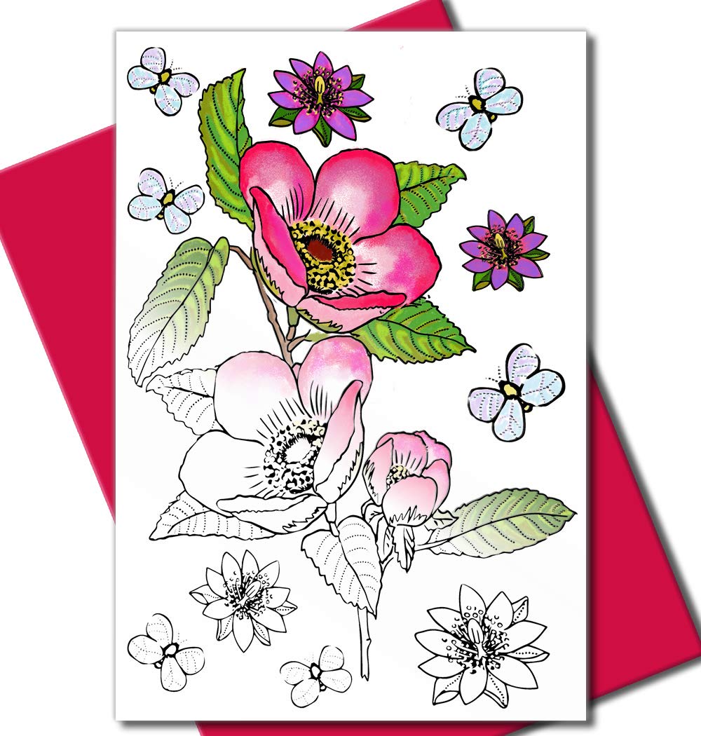 Art Eclect Adult Coloring Flower Greeting Cards Set - 10 Blank Cards with 10 Envelopes for Birthdays, Anniversaries, Thank You & Sympathy (Floral Design in Pink/Black) - Perfect for DIY Crafts, Relaxation & Thoughtful Gifting