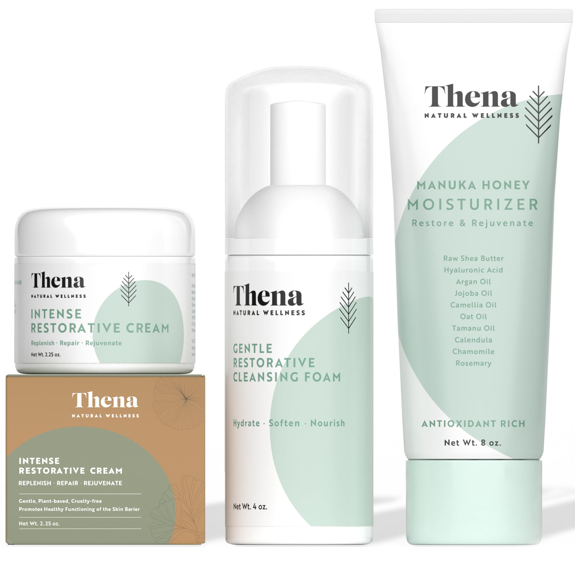 Thena RESTORE Face & Body Skin Care Set - Manuka Honey Facial Cleanser, Moisturizing Cream & Body Lotion - Repair & Nourish Skin Barrier - Natural Organic Anti-Aging Skincare for Women & Men - Perfect for Daily Hydration & Nighttime Repair Routine