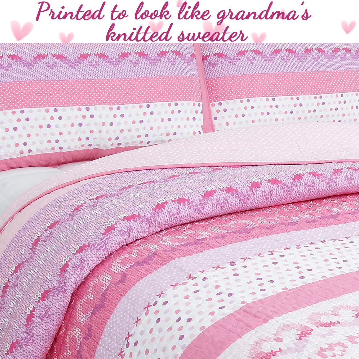 Pink Butterfly Knit 100% Cotton Reversible Quilt Bedding Set - 6 Piece Queen Size (1 Quilt + 2 Shams + 3 Decorative Pillows) | Cozy Line Home Fashions | Soft & Breathable Coverlet & Bedspread for Bedroom Decor, Guest Room & Cozy Nights